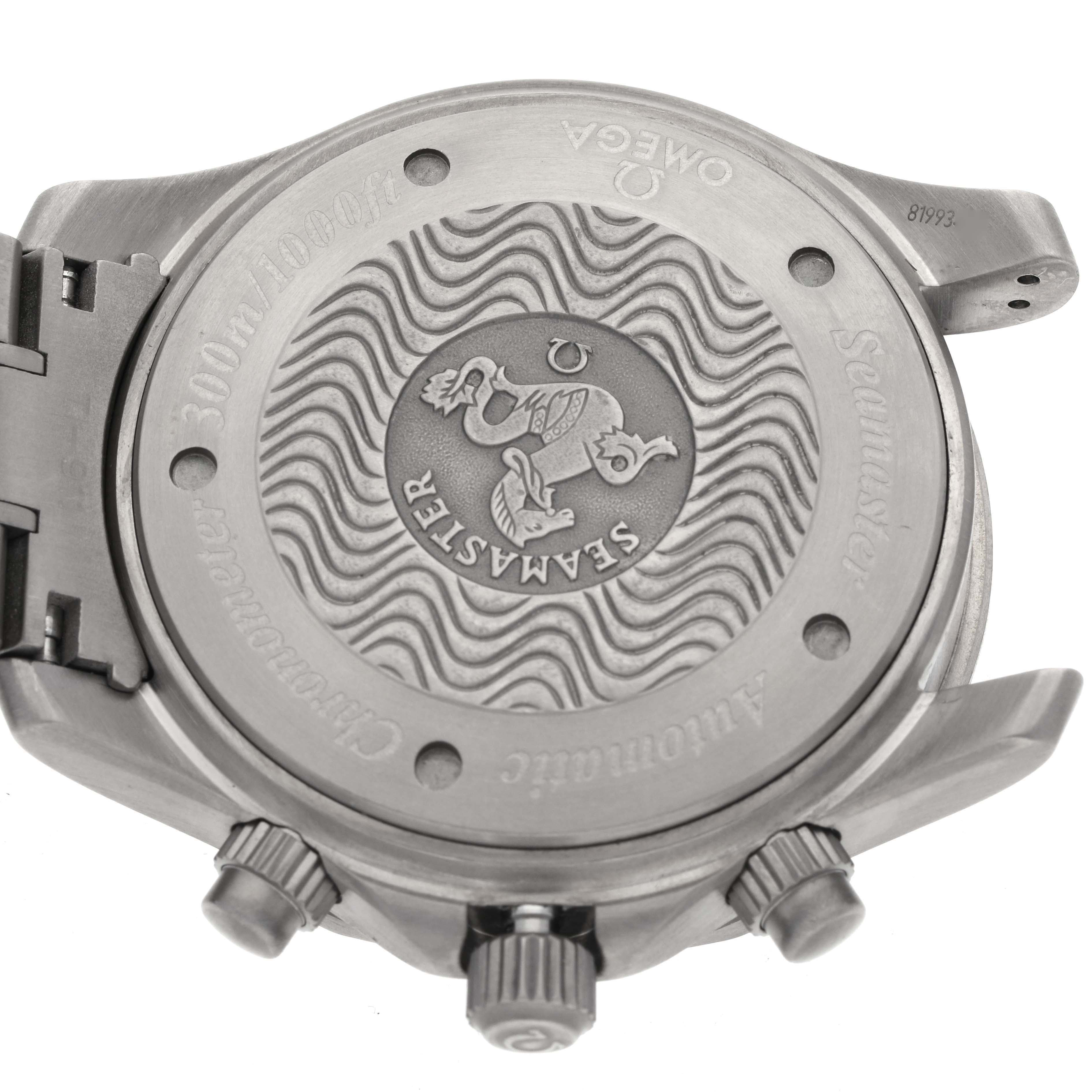 The image shows the back of an Omega Seamaster 2269.52.00 Men's Titanium Black Dial 2269.52.00 Men's Titanium Black Dial watch, detailing the case back with engraved branding and features.