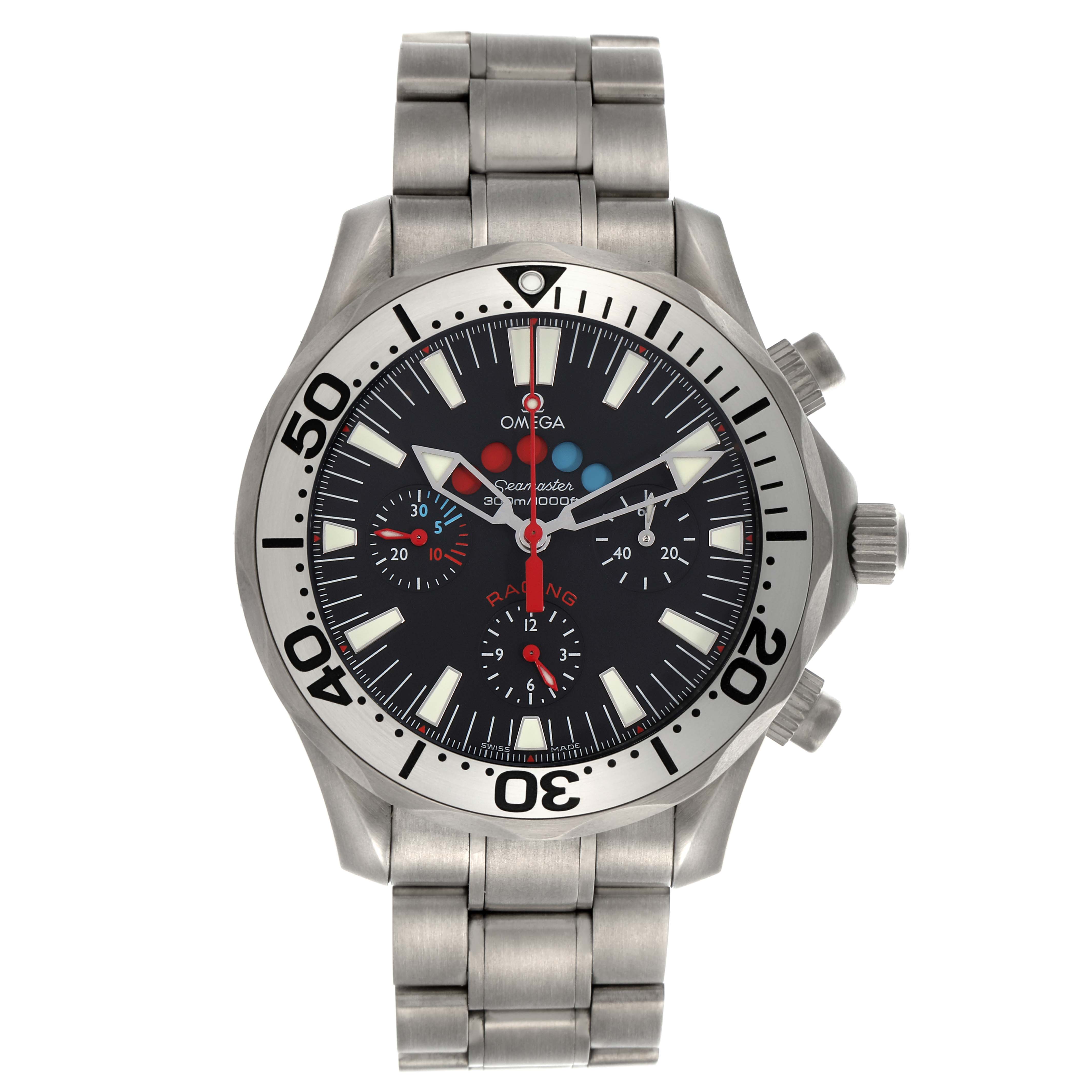 The Omega Seamaster 2269.52.00 Men's Titanium Black Dial 2269.52.00 Men's Titanium Black Dial watch is shown from a front angle, displaying the face, bezel, bracelet, and side crowns.