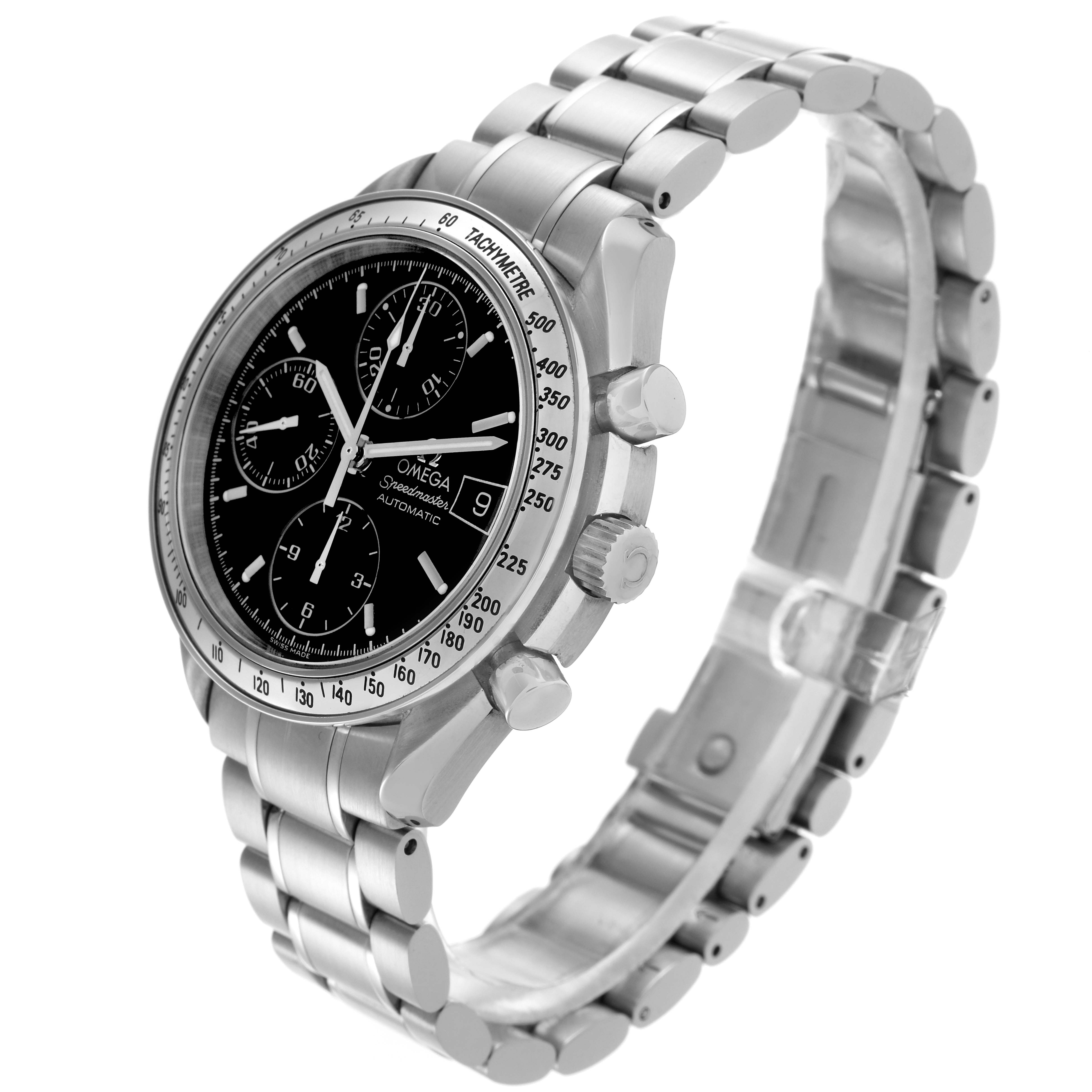 The Omega Speedmaster 3513.50.00 Men
s Stainless Steel Black Dial 3513.50.00 Men
s Stainless Steel Black Dial watch is shown at a three-quarter angle, highlighting the face, bezel, crown, pushers, and metal bracelet.