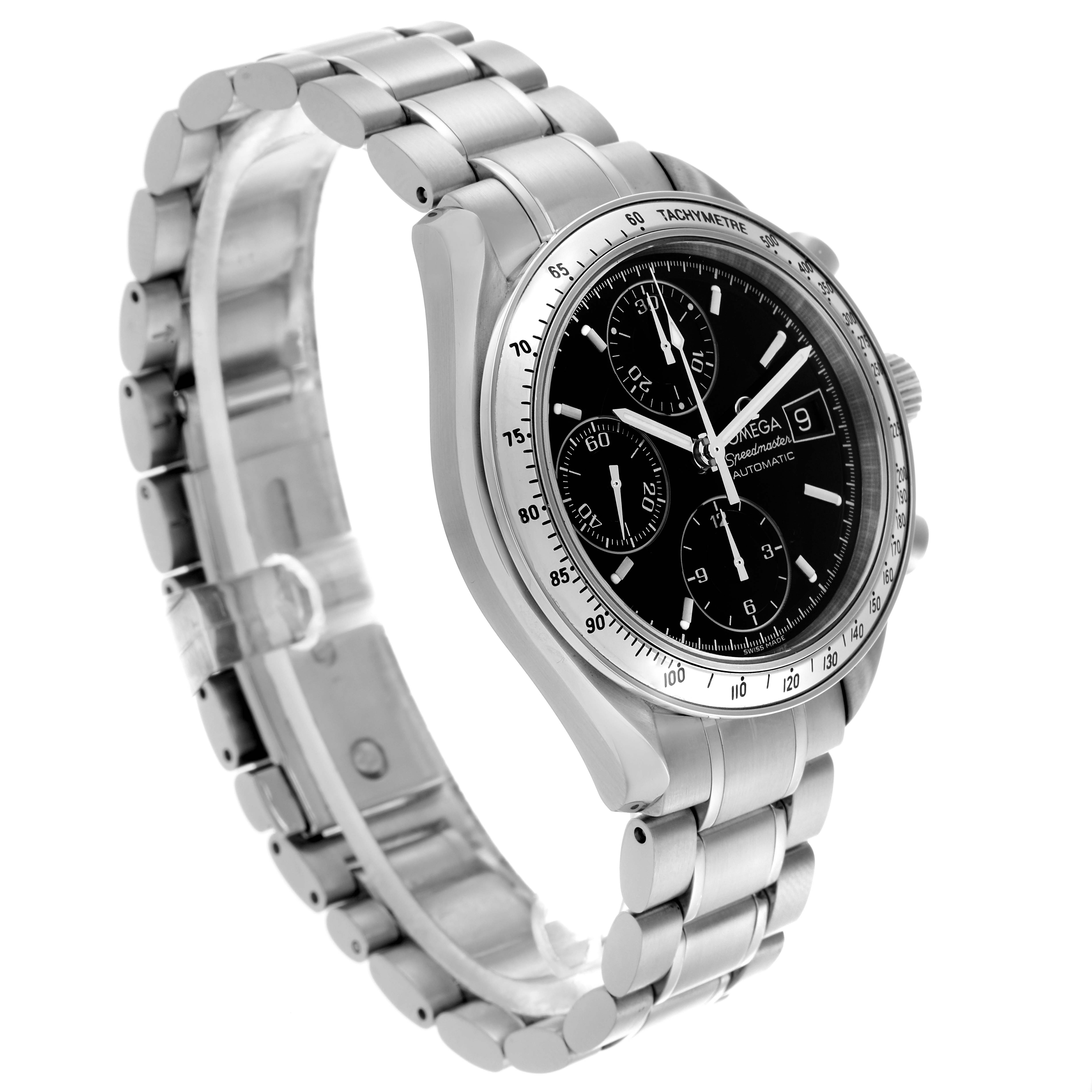 The watch, an Omega Speedmaster 3513.50.00 Men
s Stainless Steel Black Dial 3513.50.00 Men
s Stainless Steel Black Dial model, is shown at a left angle highlighting the bracelet, tachymeter bezel, and dial with sub-dials.