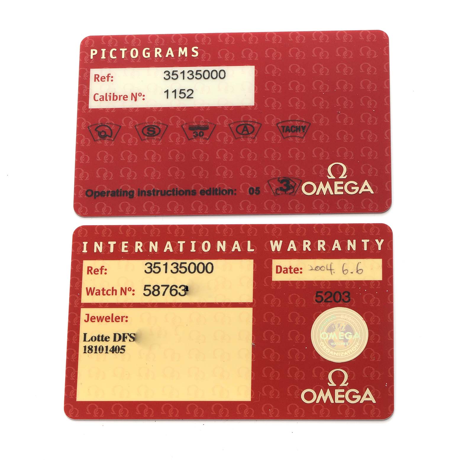 The image shows Omega Speedmaster 3513.50.00 Men
s Stainless Steel Black Dial 3513.50.00 Men
s Stainless Steel Black Dial pictograms and international warranty cards, viewed from above.