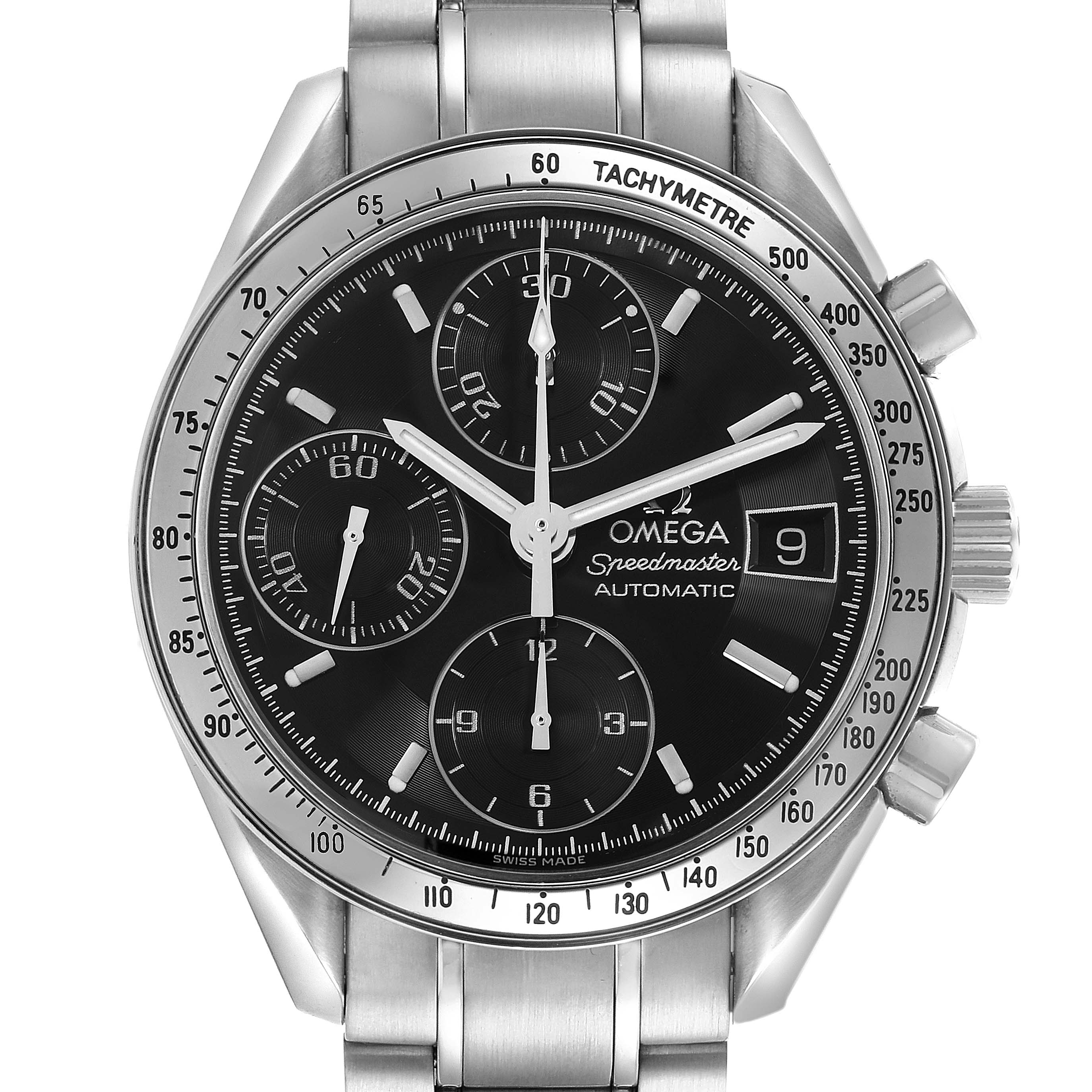 The Omega Speedmaster 3513.50.00 Men
s Stainless Steel Black Dial 3513.50.00 Men
s Stainless Steel Black Dial watch is shown from the front, displaying its face, bezel, and chronograph subdials.