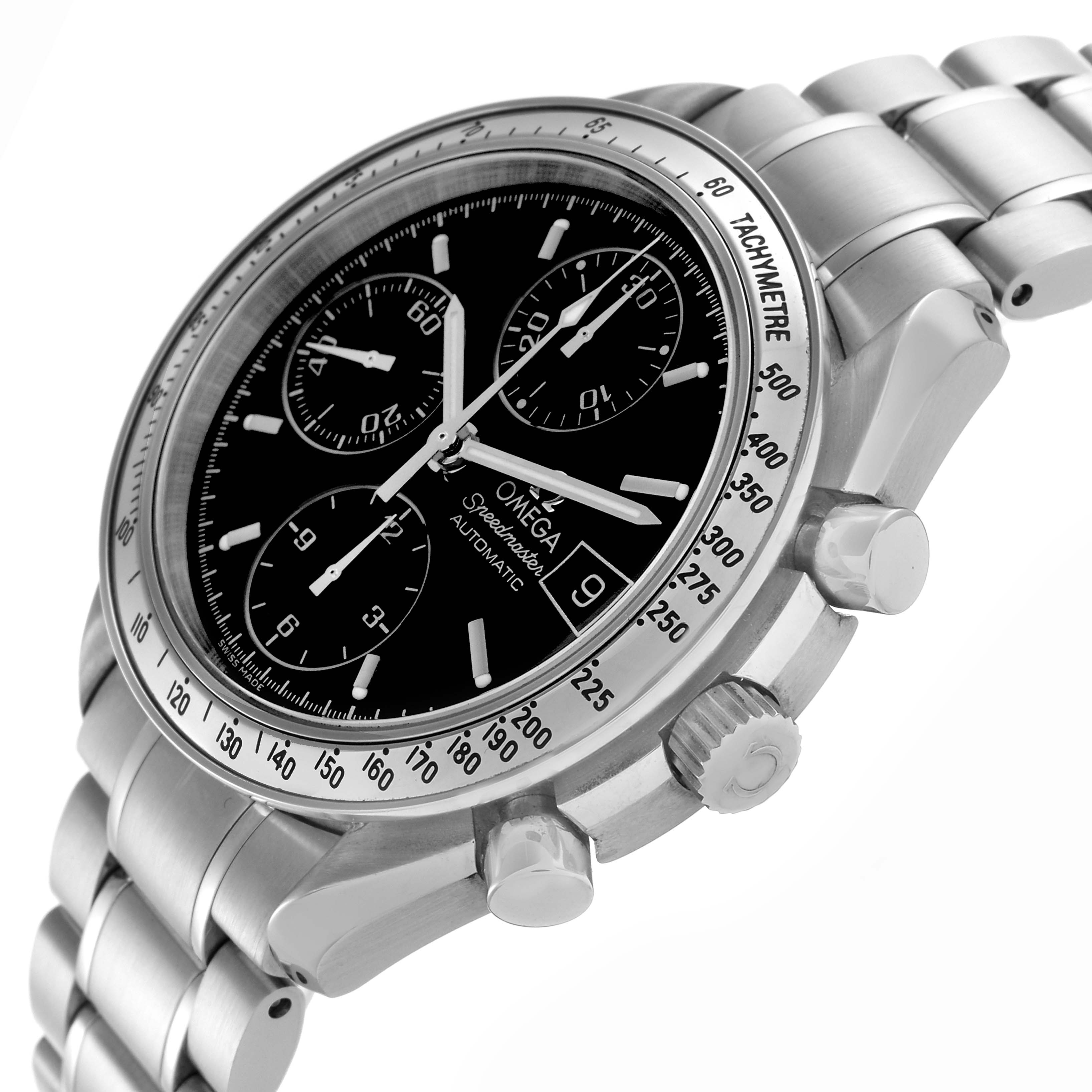 The Omega Speedmaster 3513.50.00 Men
s Stainless Steel Black Dial 3513.50.00 Men
s Stainless Steel Black Dial watch is shown at an angled view, displaying the face, tachymeter bezel, crown, and chronograph pushers.