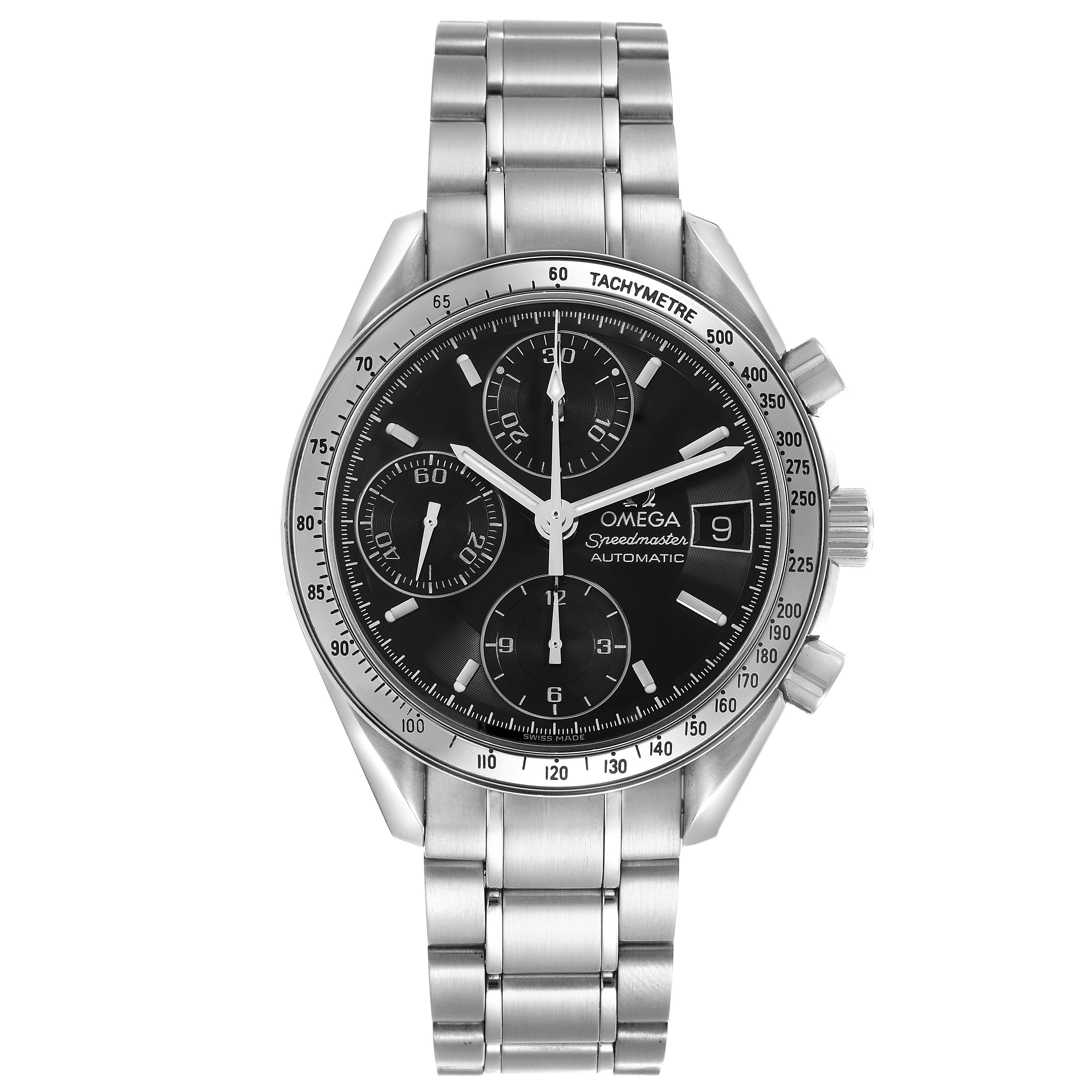 The Omega Speedmaster 3513.50.00 Men
s Stainless Steel Black Dial 3513.50.00 Men
s Stainless Steel Black Dial watch is shown from a front angle, highlighting its dial, subdials, buttons, and metal bracelet.