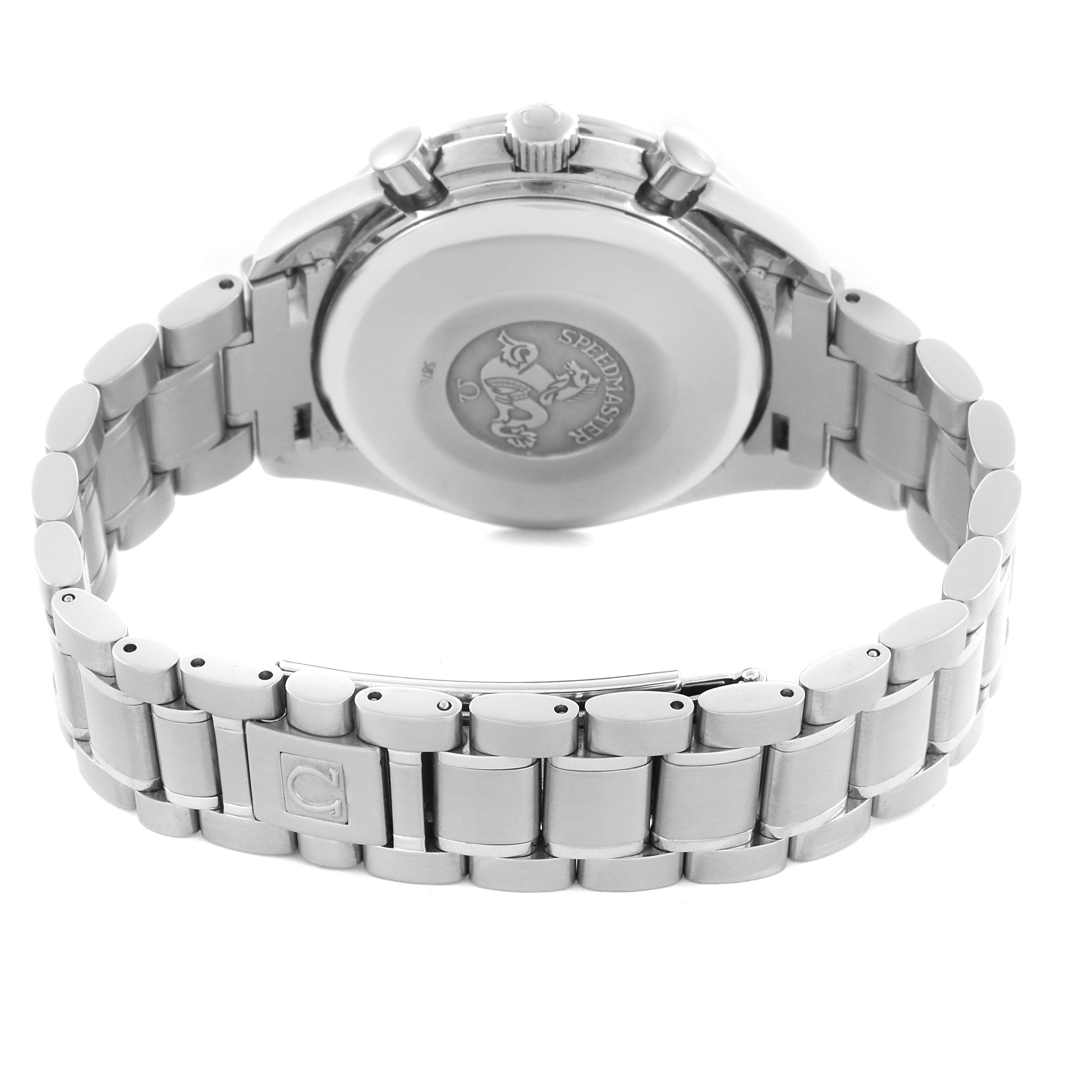 The image shows the back view of an Omega Speedmaster 3513.50.00 Men
s Stainless Steel Black Dial 3513.50.00 Men
s Stainless Steel Black Dial, highlighting the case back, bracelet, and pushers.