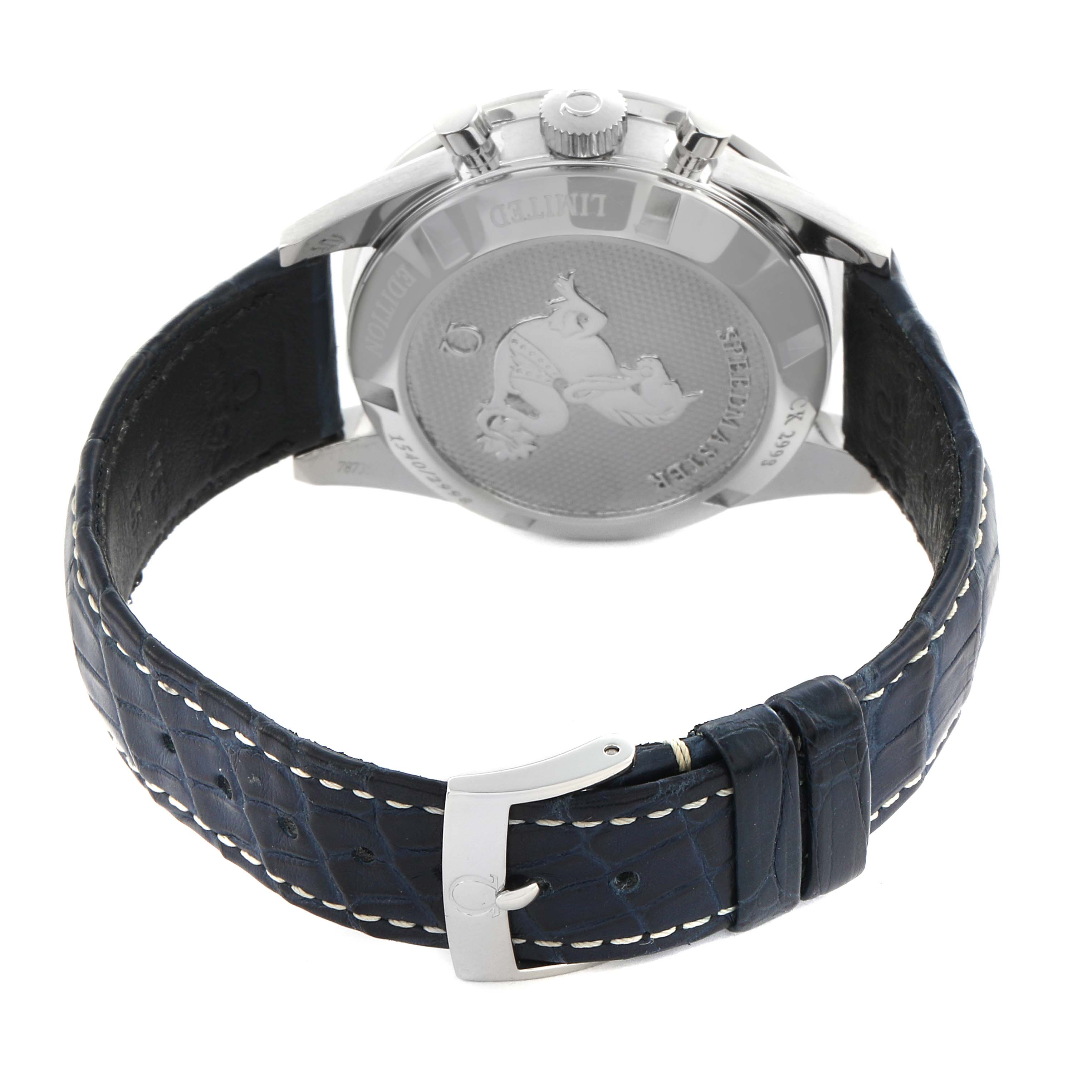 The Omega Speedmaster 311.33.40.30.02.001 Men
s Stainless Steel Silver Dial 311.33.40.30.02.001 Men
s Stainless Steel Silver Dial is shown from the back, highlighting the case back and leather strap with a buckle.