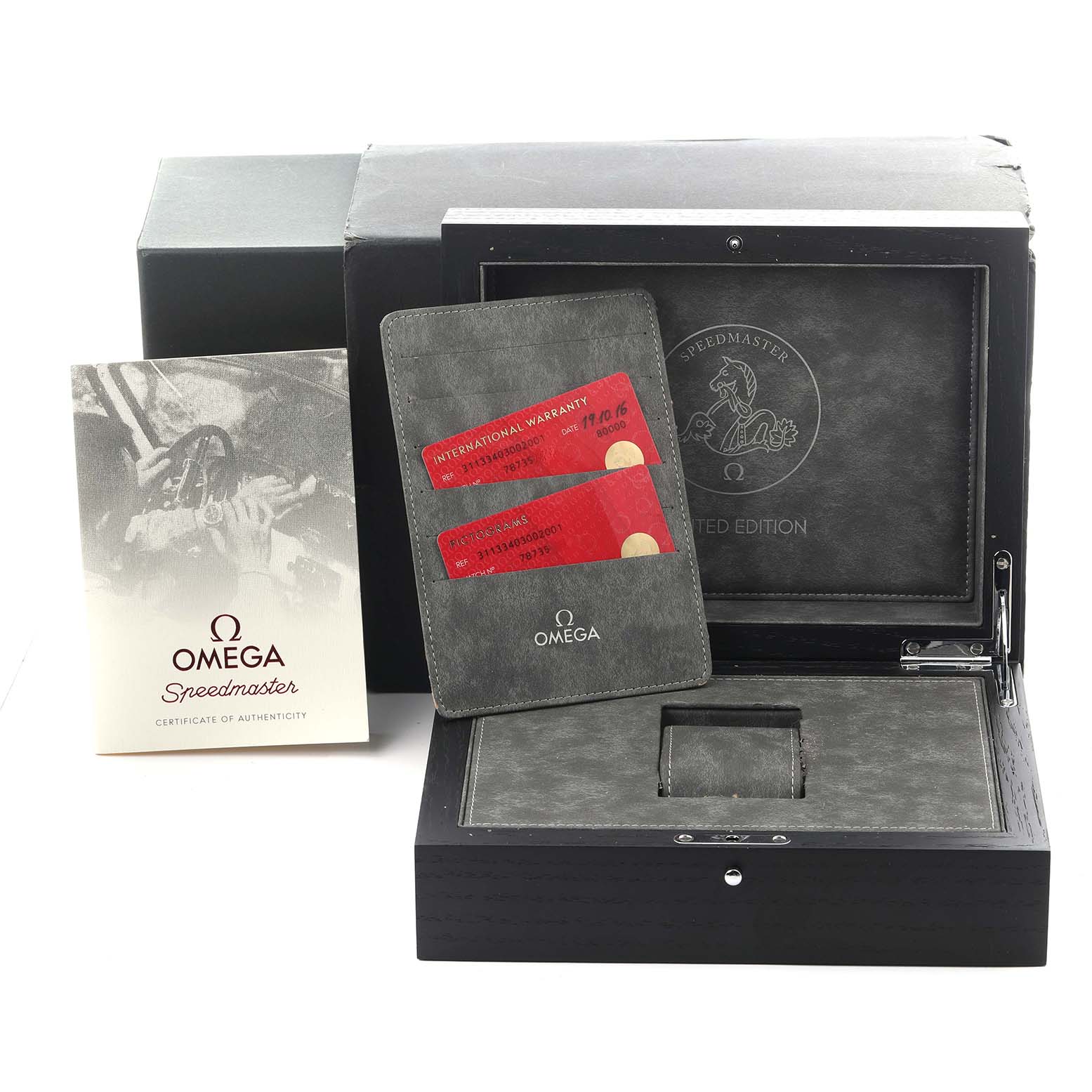 The Omega Speedmaster 311.33.40.30.02.001 Men
s Stainless Steel Silver Dial 311.33.40.30.02.001 Men
s Stainless Steel Silver Dial packaging includes the box, warranty cards, certificate of Best Quality
ity, and a cardholder.