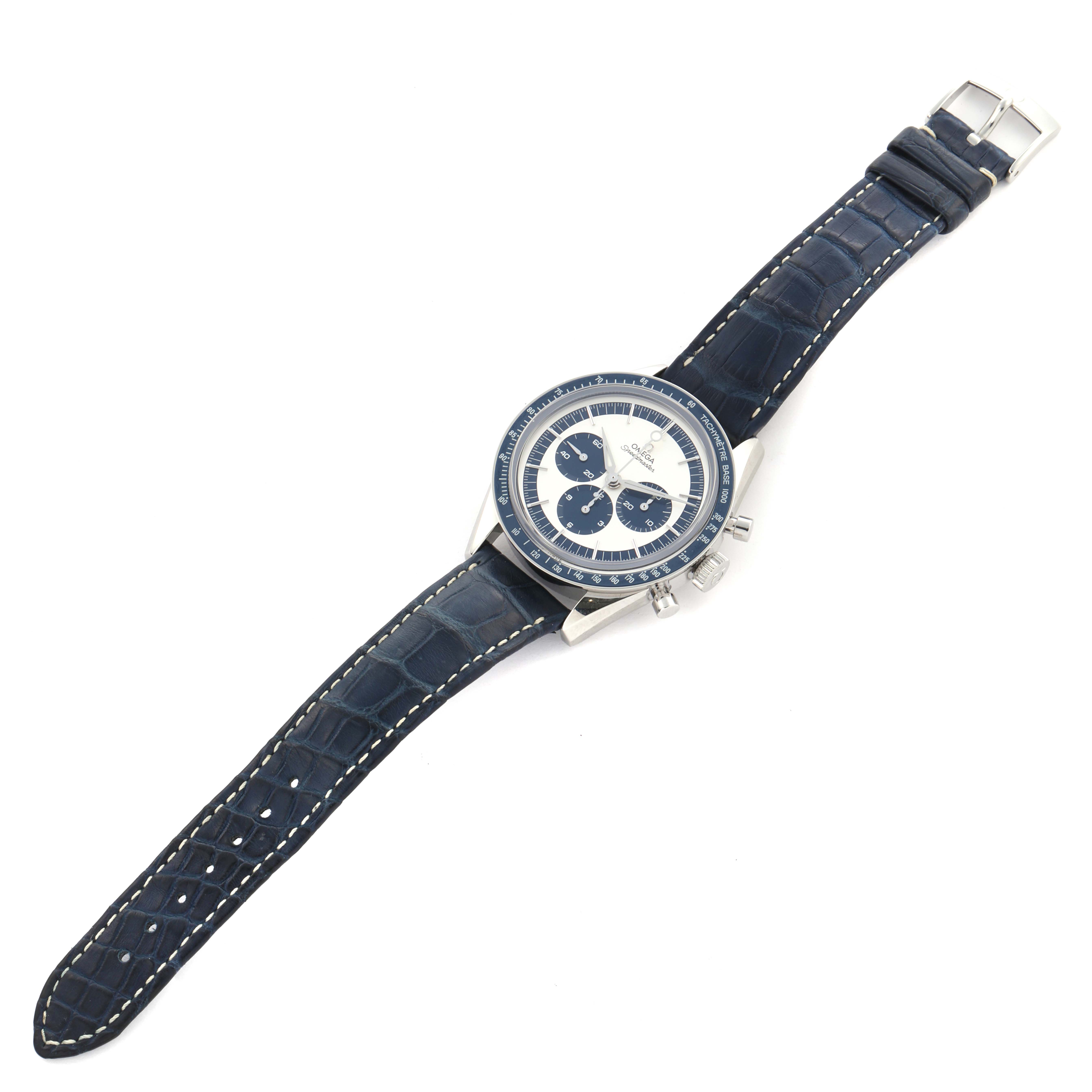 The Omega Speedmaster 311.33.40.30.02.001 Men
s Stainless Steel Silver Dial 311.33.40.30.02.001 Men
s Stainless Steel Silver Dial watch is shown from a top view, displaying the face, bezel, and full blue leather strap.