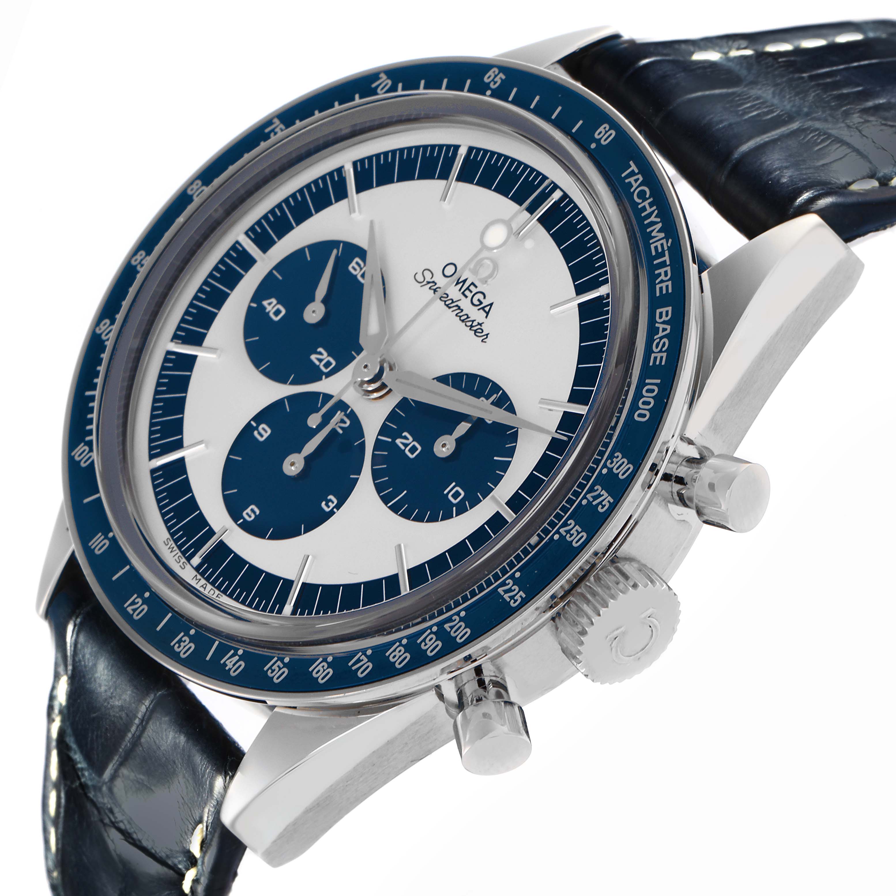 The Omega Speedmaster 311.33.40.30.02.001 Men
s Stainless Steel Silver Dial 311.33.40.30.02.001 Men
s Stainless Steel Silver Dial is shown at an angled side view, highlighting the dial, tachymeter bezel, crown, and subdials.