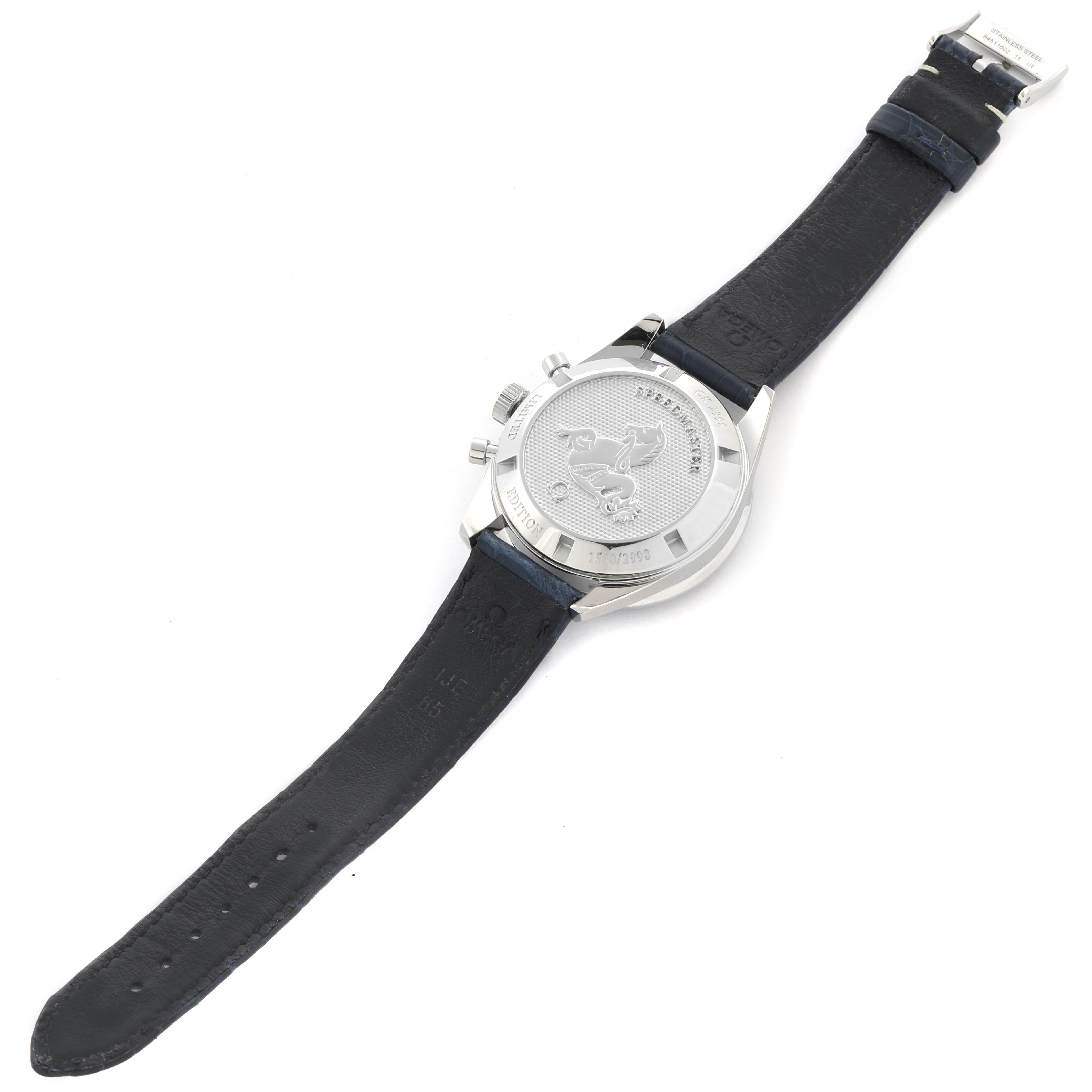 The image shows the back of an Omega Speedmaster 311.33.40.30.02.001 Men
s Stainless Steel Silver Dial 311.33.40.30.02.001 Men
s Stainless Steel Silver Dial watch, highlighting the case back and leather strap.