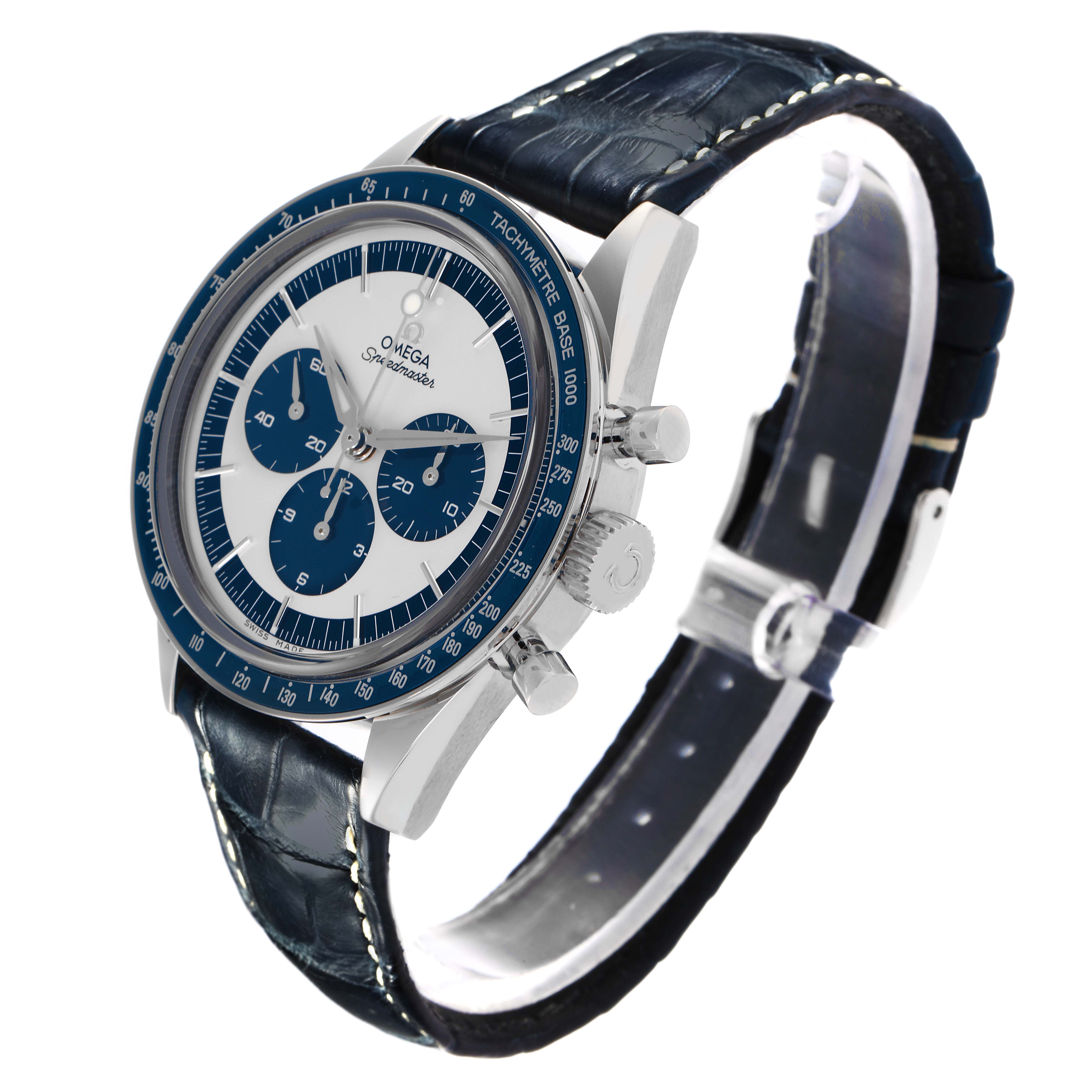 The Omega Speedmaster 311.33.40.30.02.001 Men
s Stainless Steel Silver Dial 311.33.40.30.02.001 Men
s Stainless Steel Silver Dial watch is shown at a three-quarter angle displaying the face, bezel, side buttons, and leather strap.