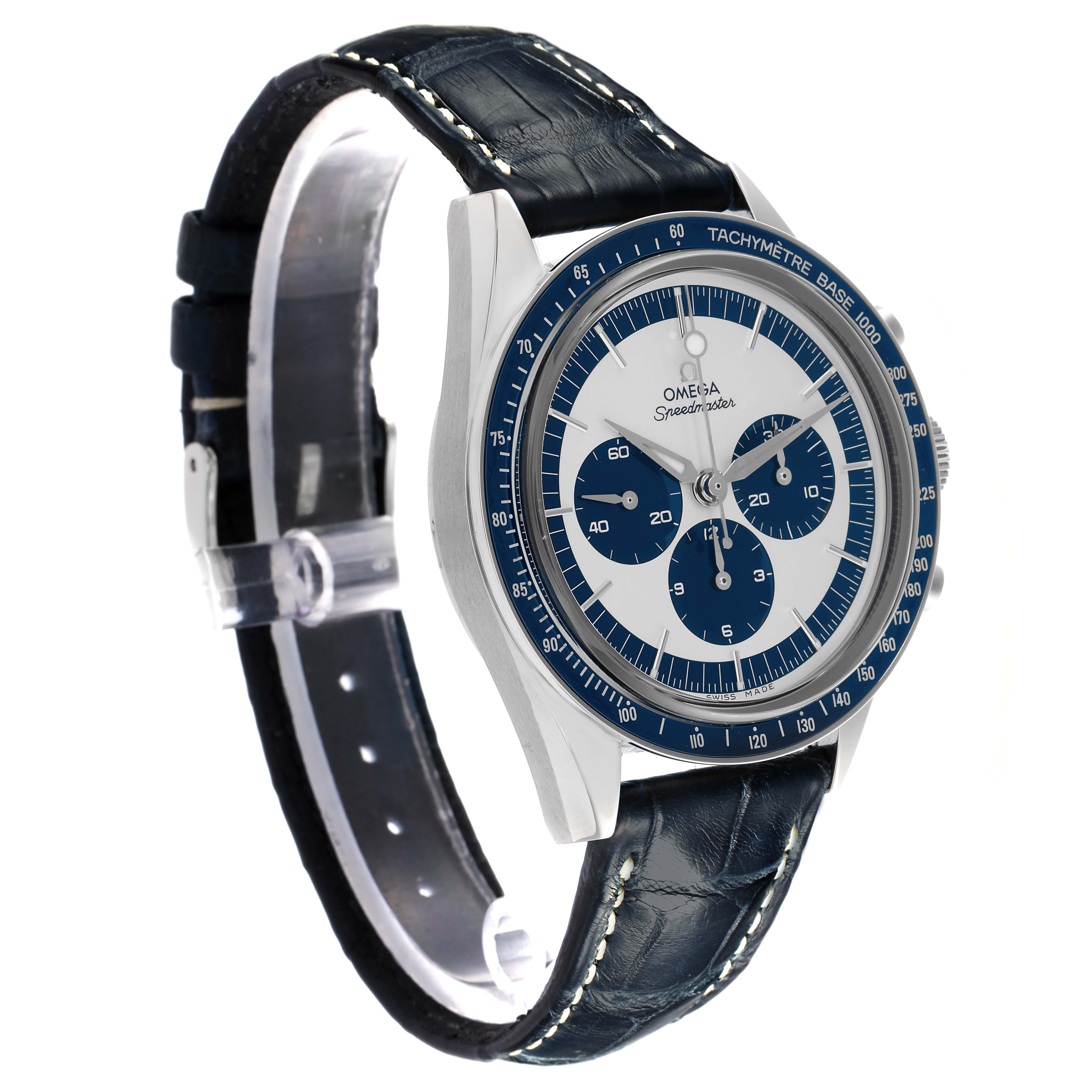 The Omega Speedmaster 311.33.40.30.02.001 Men
s Stainless Steel Silver Dial 311.33.40.30.02.001 Men
s Stainless Steel Silver Dial watch is shown at a slight angled side view, highlighting the face, bezel, and blue strap.