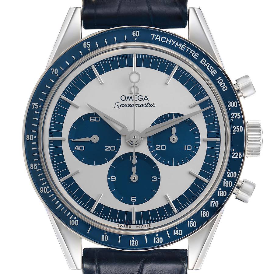 The Omega Speedmaster is shown from a front angle, highlighting the dial, subdials, bezel, and crown.