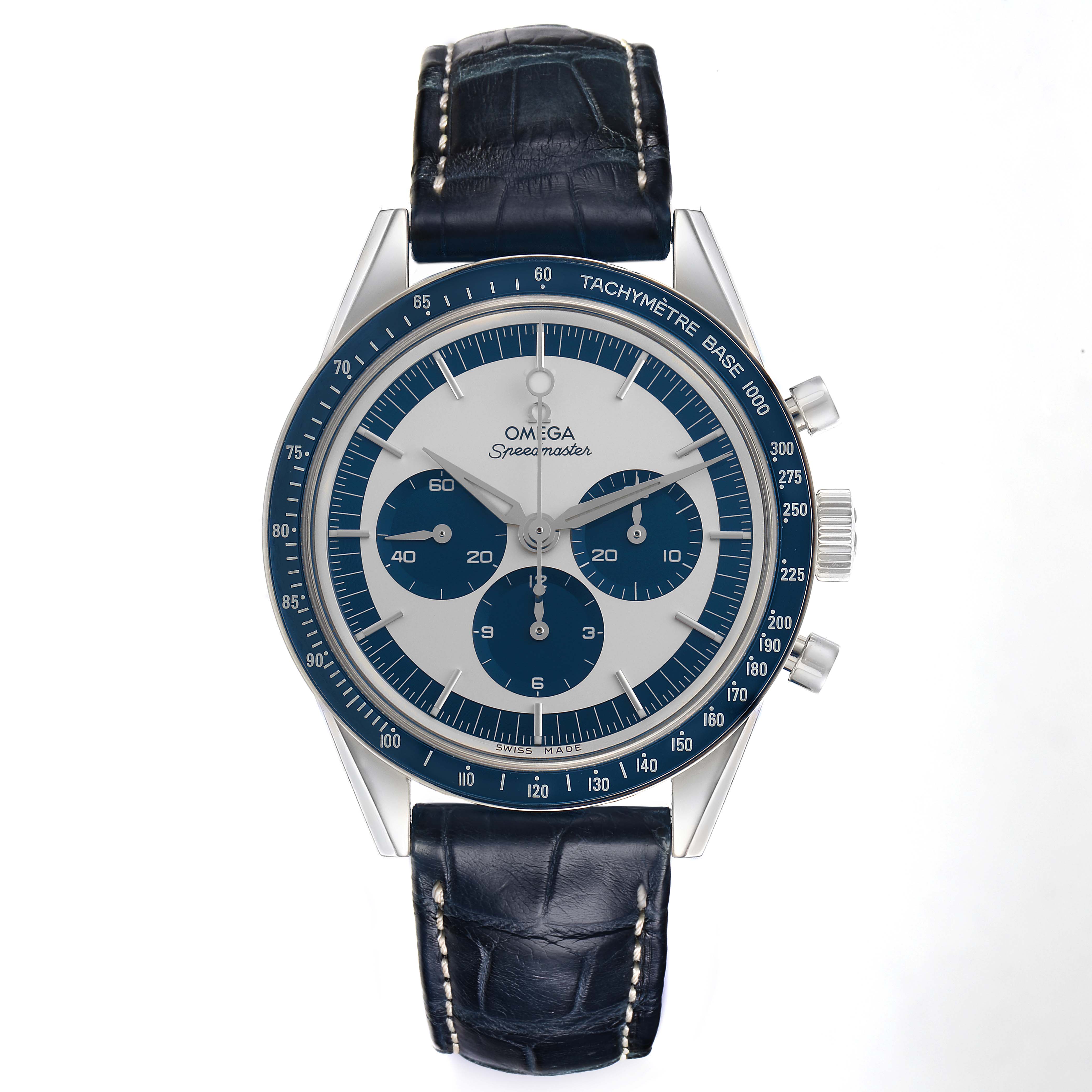 The Omega Speedmaster 311.33.40.30.02.001 Men
s Stainless Steel Silver Dial 311.33.40.30.02.001 Men
s Stainless Steel Silver Dial watch is shown from the front, highlighting its blue dial, subdials, and leather strap.