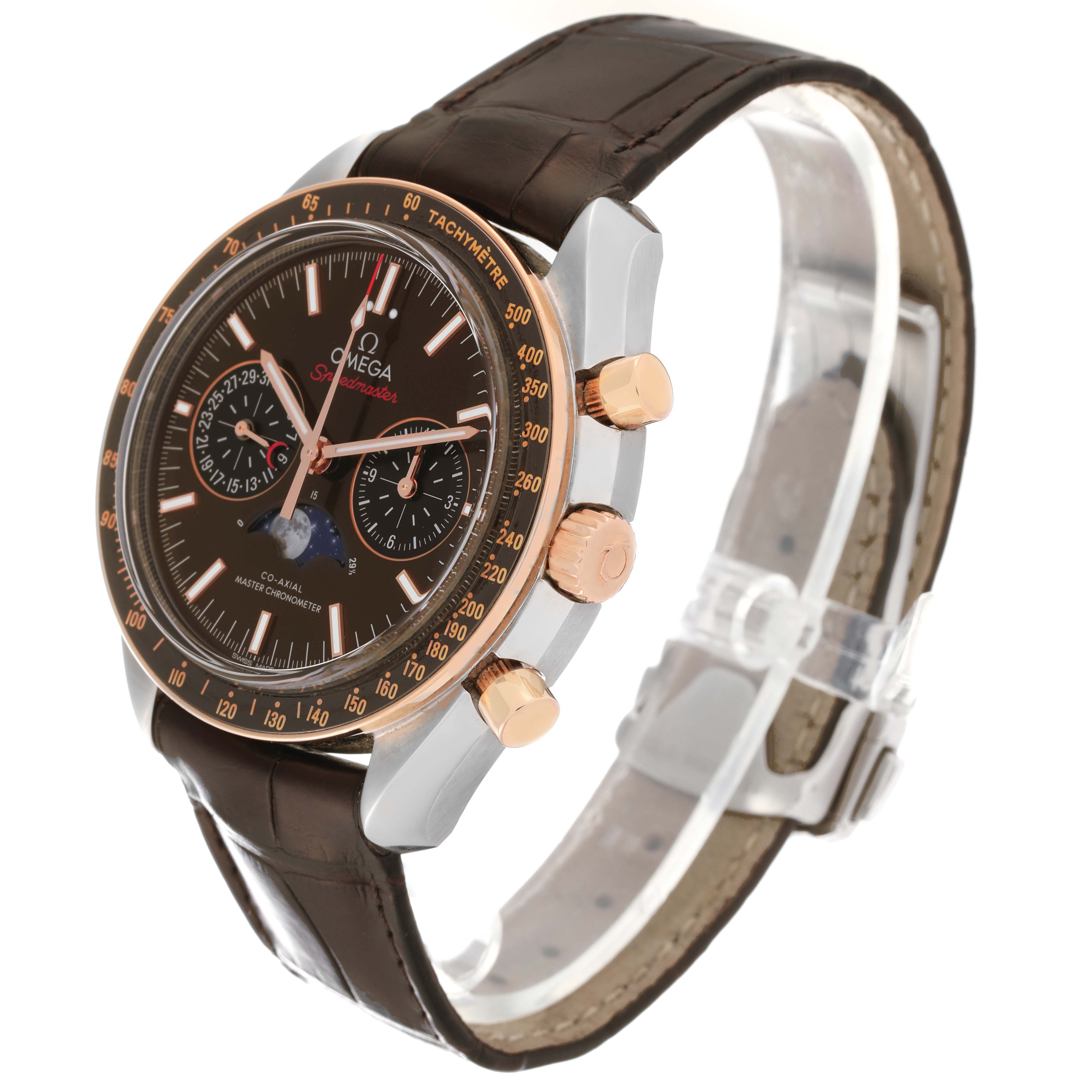 The image shows an Omega Speedmaster 304.23.44.52.13.001 Men's Stainless Steel Brown Dial 304.23.44.52.13.001 Men's Stainless Steel Brown Dial watch at an angle, highlighting the dial, bezel, and side chronograph buttons.