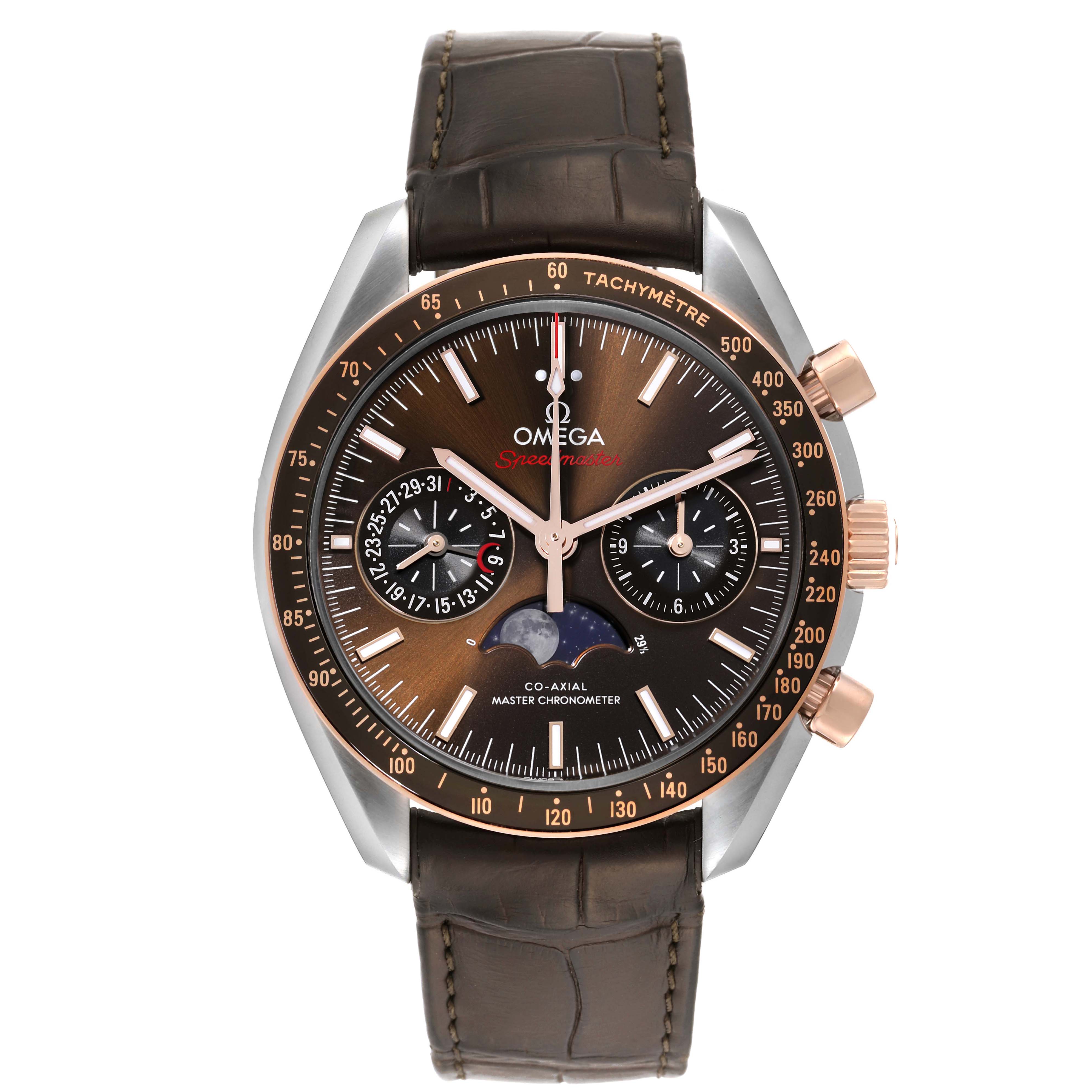 The image shows a front view of the Omega Speedmaster 304.23.44.52.13.001 Men's Stainless Steel Brown Dial 304.23.44.52.13.001 Men's Stainless Steel Brown Dial watch, displaying its dial, chrono subdials, and brown leather strap.