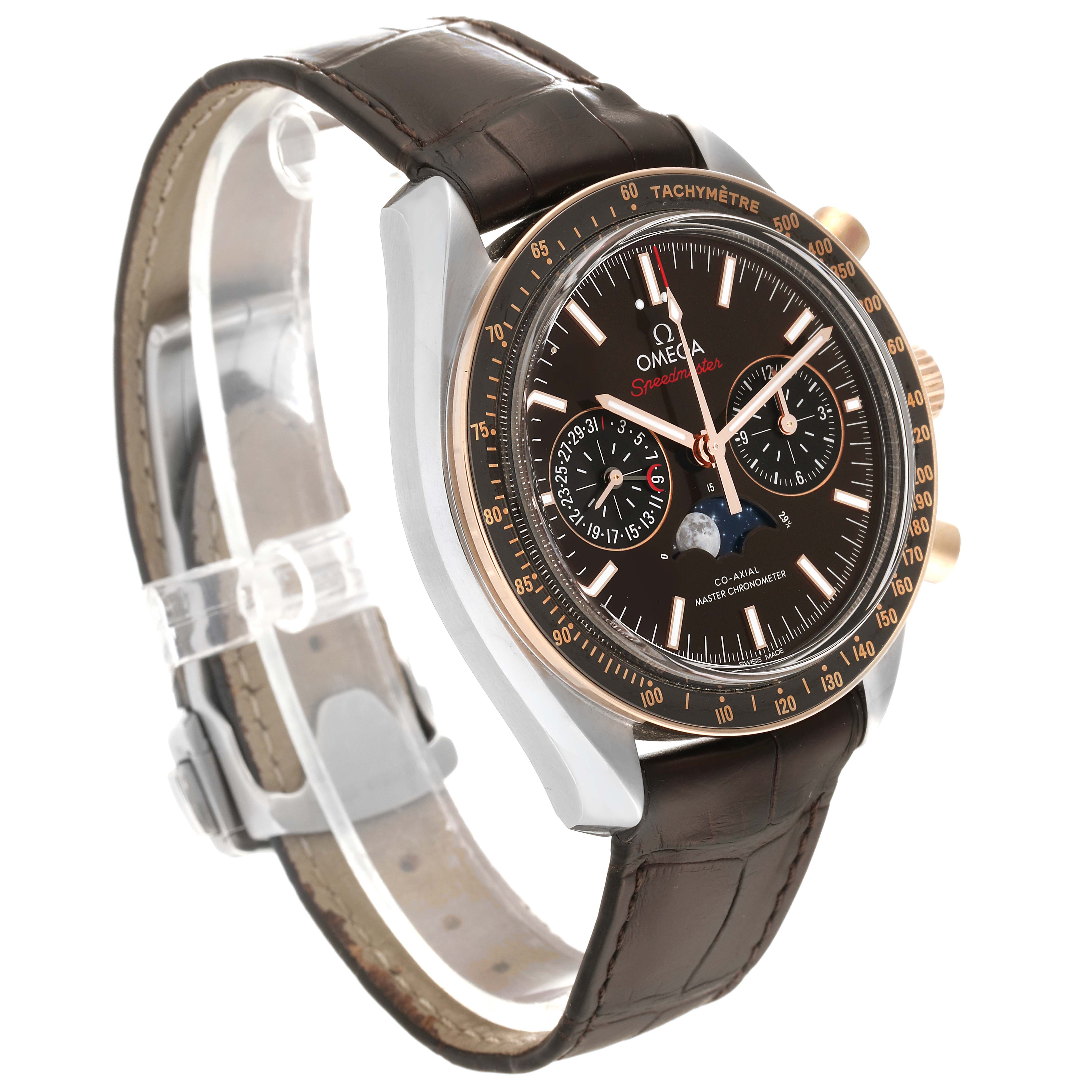 This image shows an Omega Speedmaster 304.23.44.52.13.001 Men's Stainless Steel Brown Dial 304.23.44.52.13.001 Men's Stainless Steel Brown Dial watch at a three-quarter angle, highlighting its brown leather strap, black dial, and chronograph features.