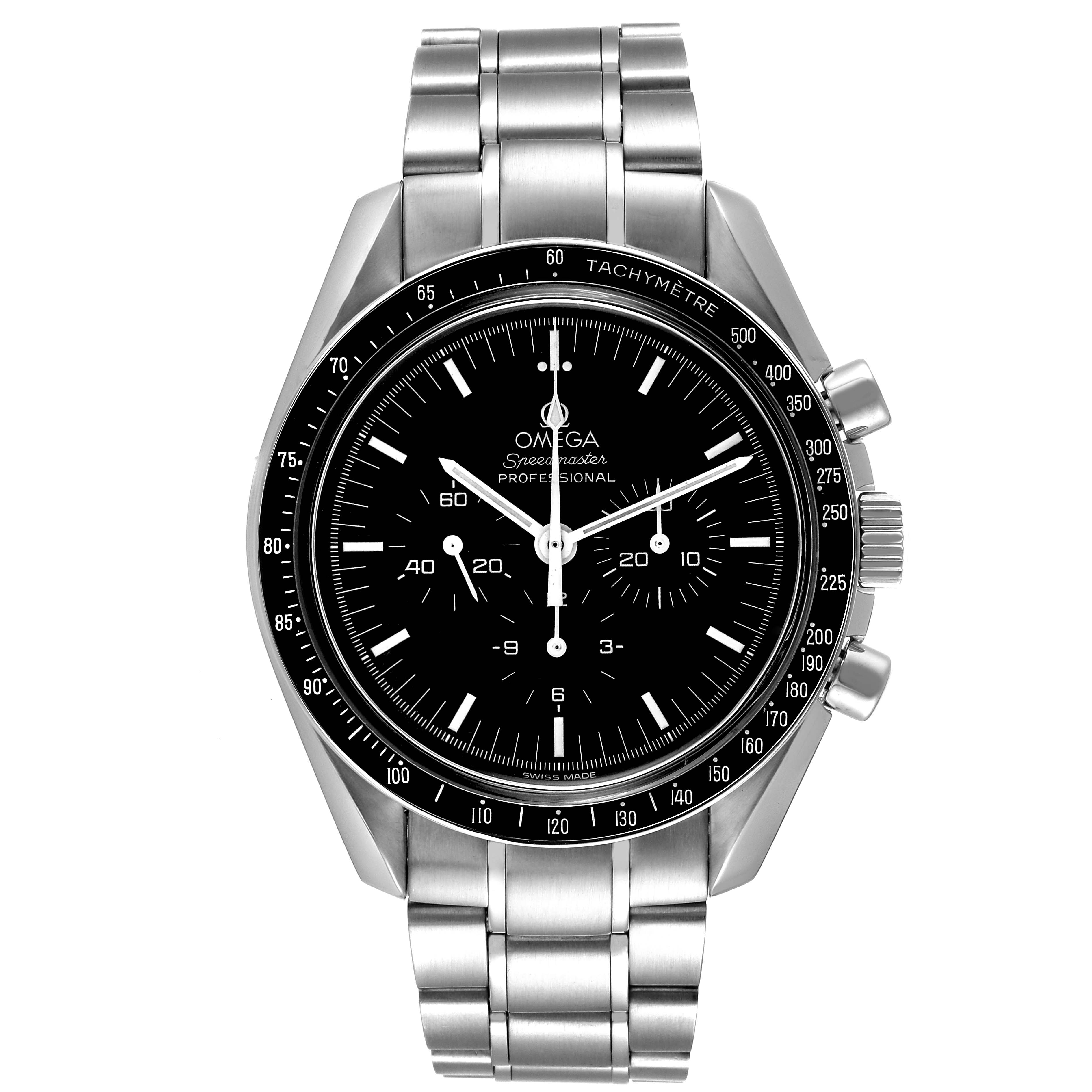 The image shows a front view of an Omega Speedmaster 3572.50.00 Men
s Stainless Steel Black Dial 3572.50.00 Men
s Stainless Steel Black Dial watch, highlighting the face, bezel, and steel bracelet.