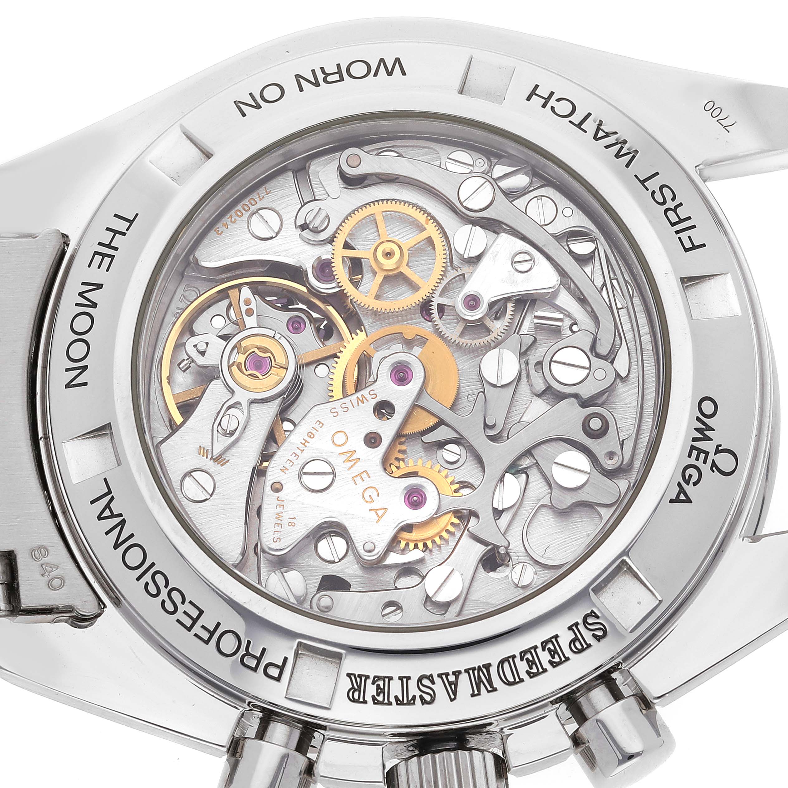 This image shows the back case and internal mechanism of an Omega Speedmaster 3572.50.00 Men
s Stainless Steel Black Dial 3572.50.00 Men
s Stainless Steel Black Dial watch from a close-up angle.