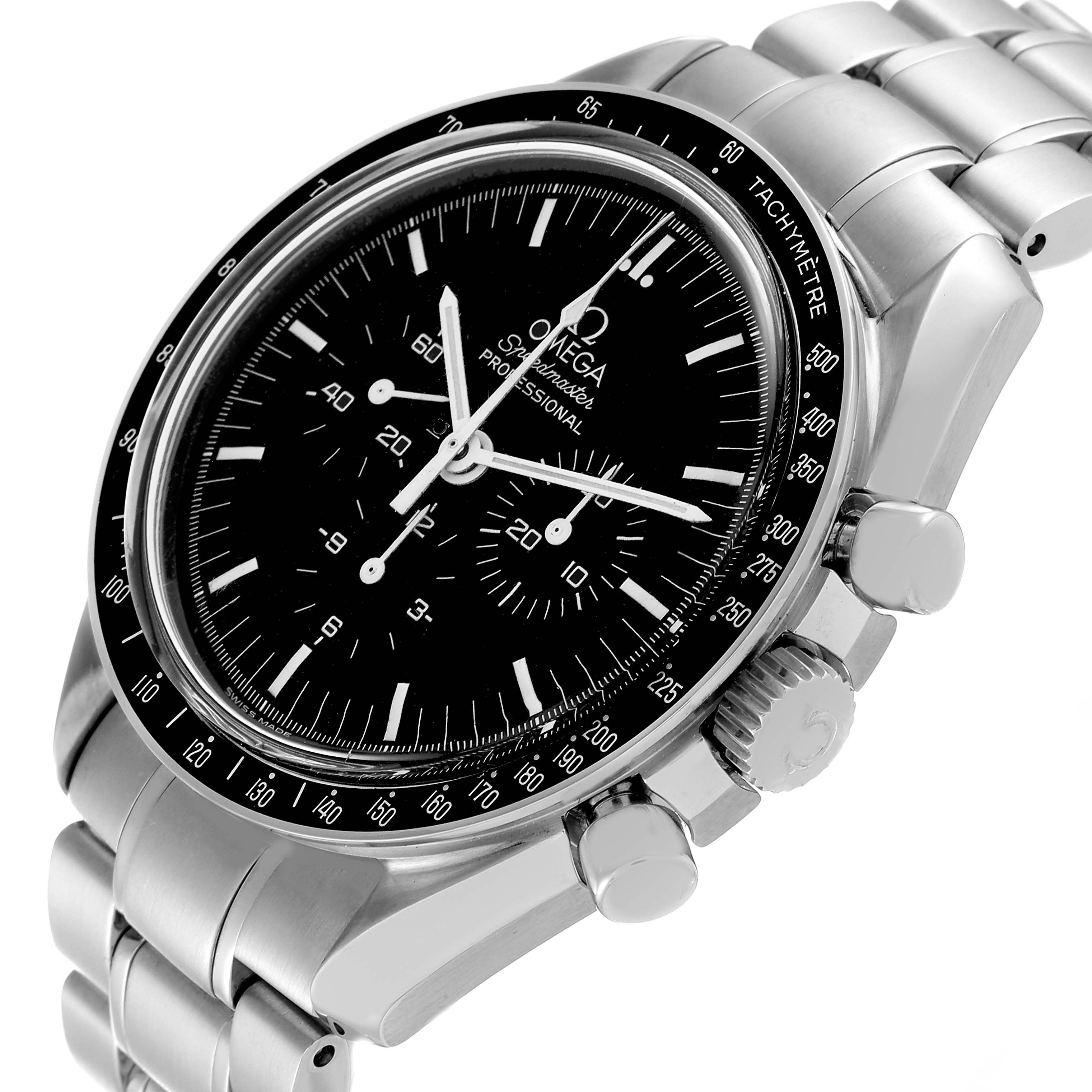 The Omega Speedmaster 3572.50.00 Men
s Stainless Steel Black Dial 3572.50.00 Men
s Stainless Steel Black Dial watch is shown at an angled top view, highlighting its face, bezel, crown, and push buttons.