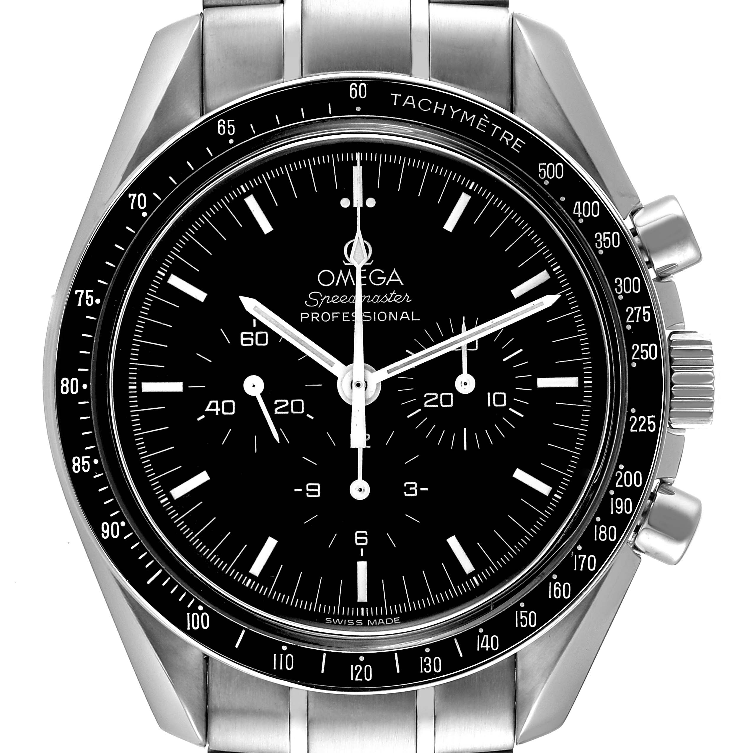 The image shows a front view of the Omega Speedmaster 3572.50.00 Men
s Stainless Steel Black Dial 3572.50.00 Men
s Stainless Steel Black Dial Professional watch, highlighting its dial, bezel, and stainless steel bracelet.