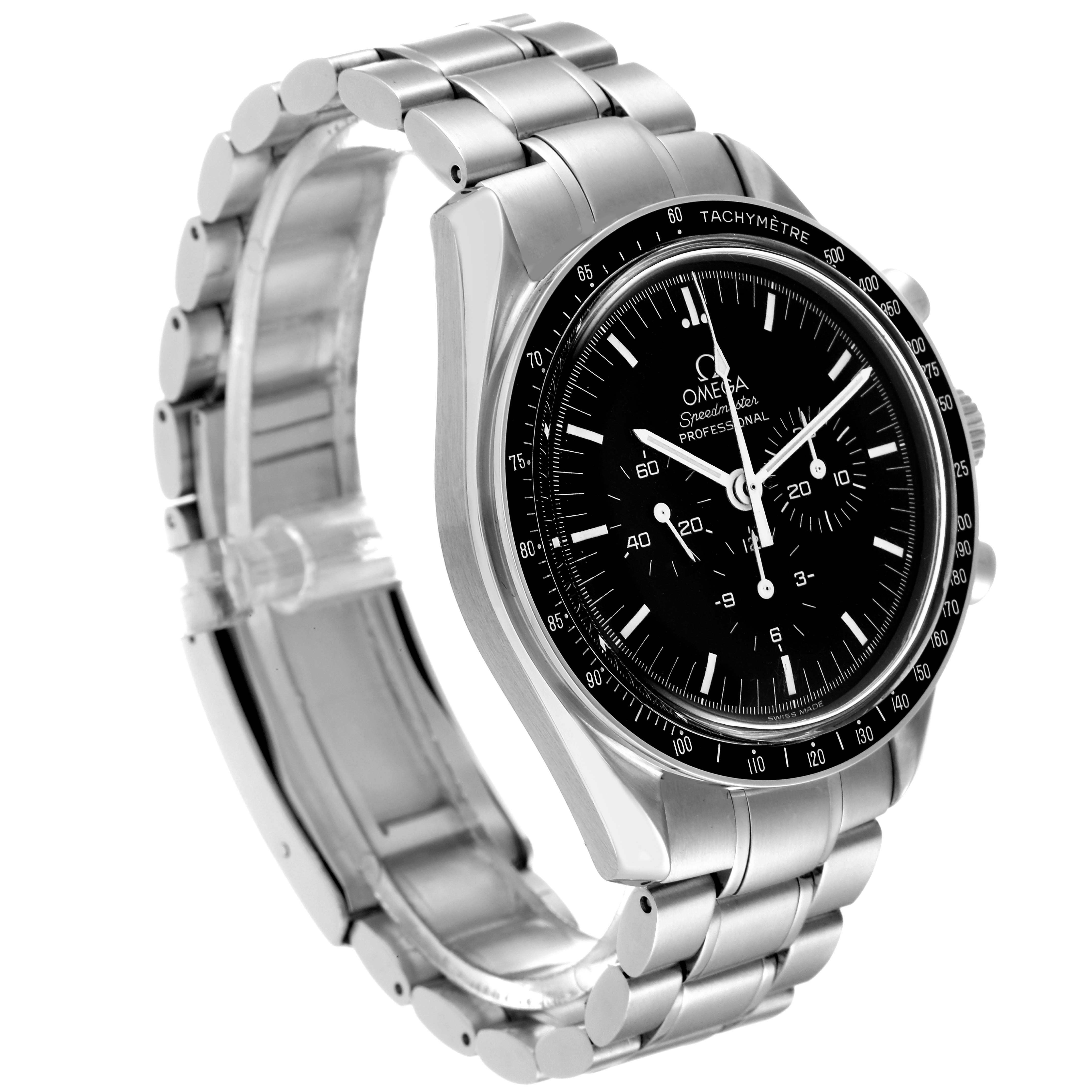 The Omega Speedmaster 3572.50.00 Men
s Stainless Steel Black Dial 3572.50.00 Men
s Stainless Steel Black Dial watch is shown at a slight angle, highlighting its face, bezel, and stainless-steel bracelet.