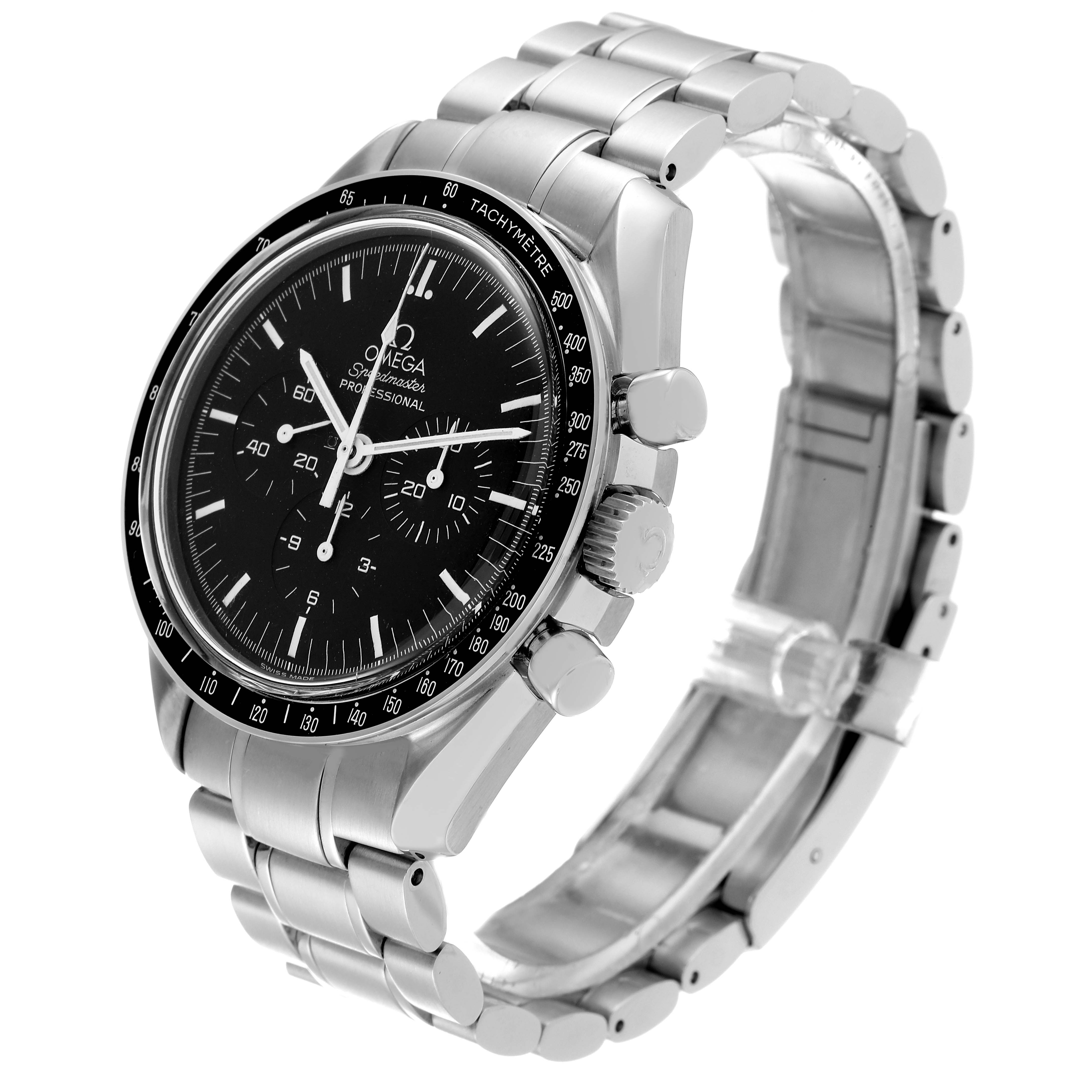 This image shows an angled view of the Omega Speedmaster 3572.50.00 Men
s Stainless Steel Black Dial 3572.50.00 Men
s Stainless Steel Black Dial watch, highlighting the face, crown, pushers, and stainless steel bracelet.
