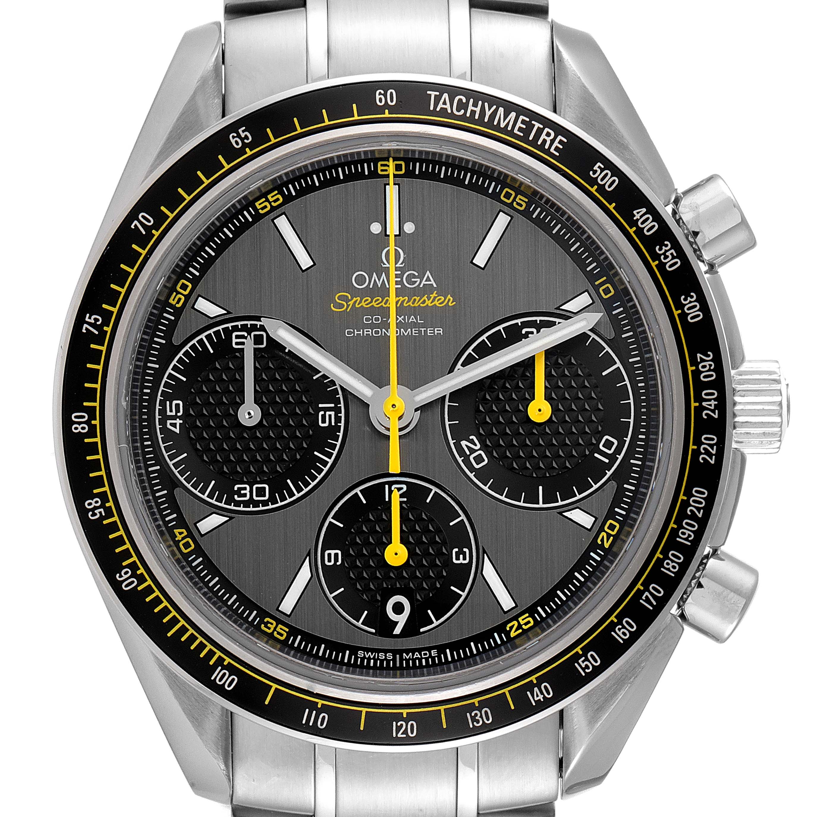 The Omega Speedmaster 326.30.40.50.06.001 Men's Stainless Steel Grey Dial 326.30.40.50.06.001 Men's Stainless Steel Grey Dial watch is shown from a front angle, highlighting its dial, subdials, tachymeter, and stainless steel bracelet.