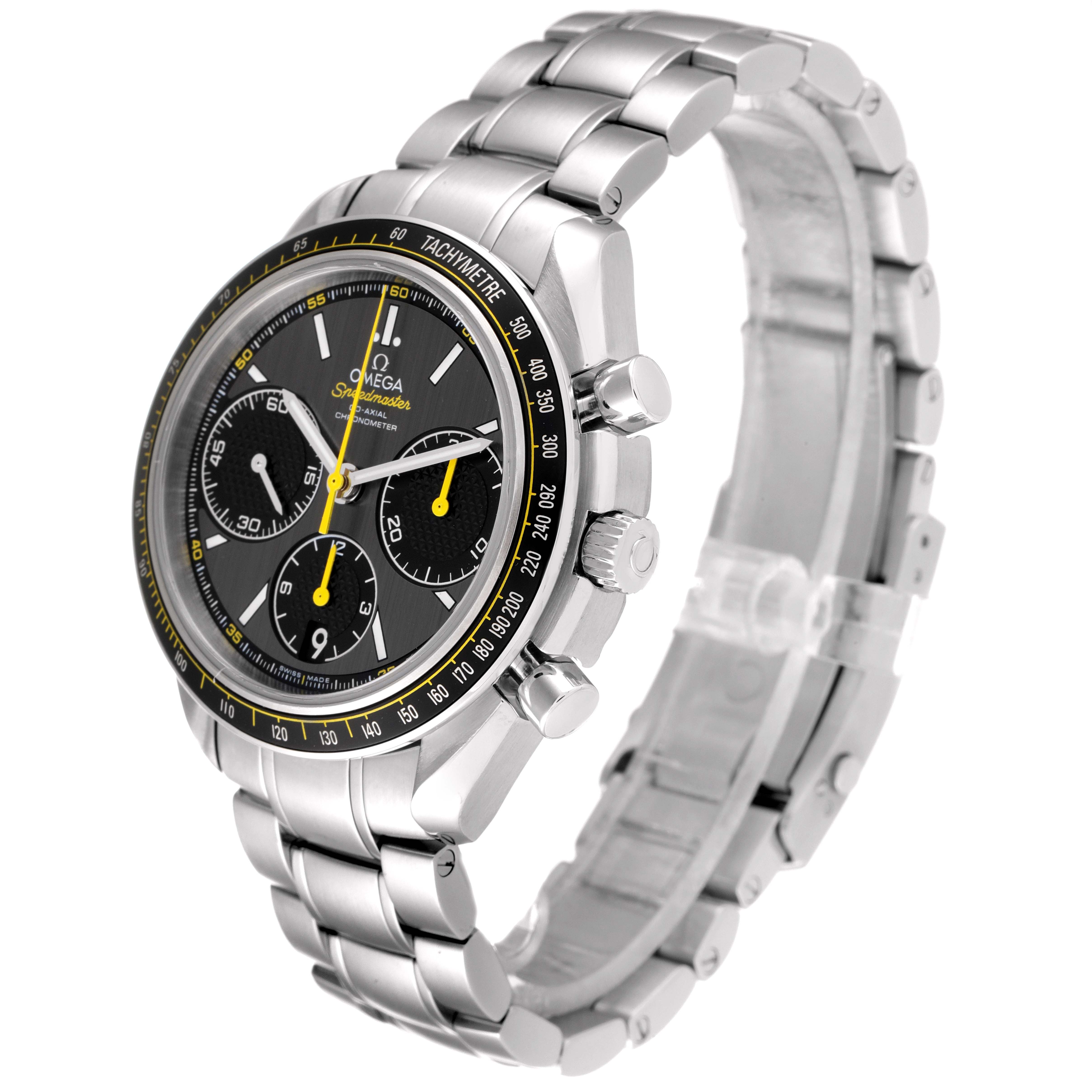 The image shows a three-quarter side angle of an Omega Speedmaster 326.30.40.50.06.001 Men's Stainless Steel Grey Dial 326.30.40.50.06.001 Men's Stainless Steel Grey Dial watch, displaying its dial, bezel, and metal bracelet.
