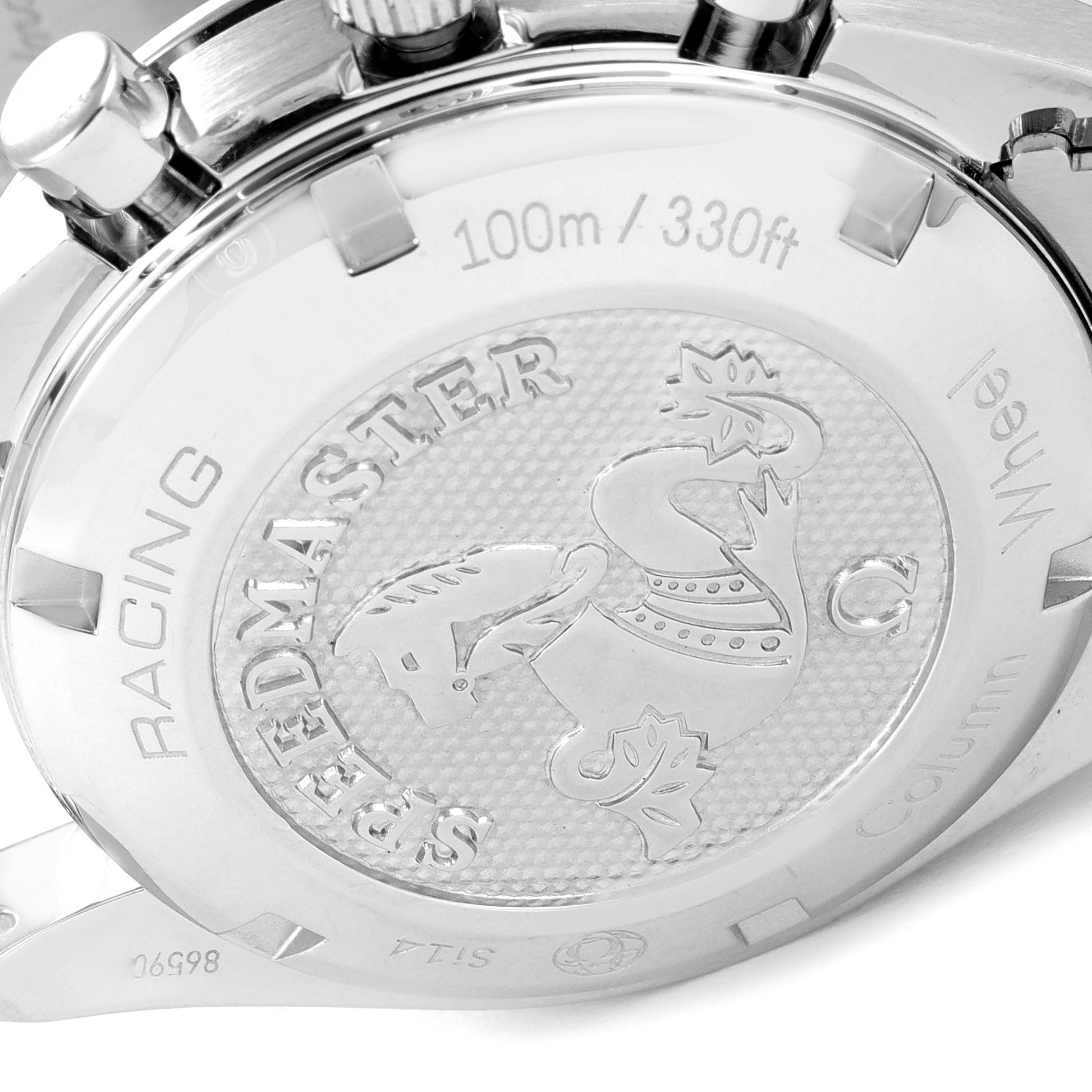 This image shows the back case of an Omega Speedmaster 326.30.40.50.06.001 Men's Stainless Steel Grey Dial 326.30.40.50.06.001 Men's Stainless Steel Grey Dial watch, displaying engravings and water resistance details.