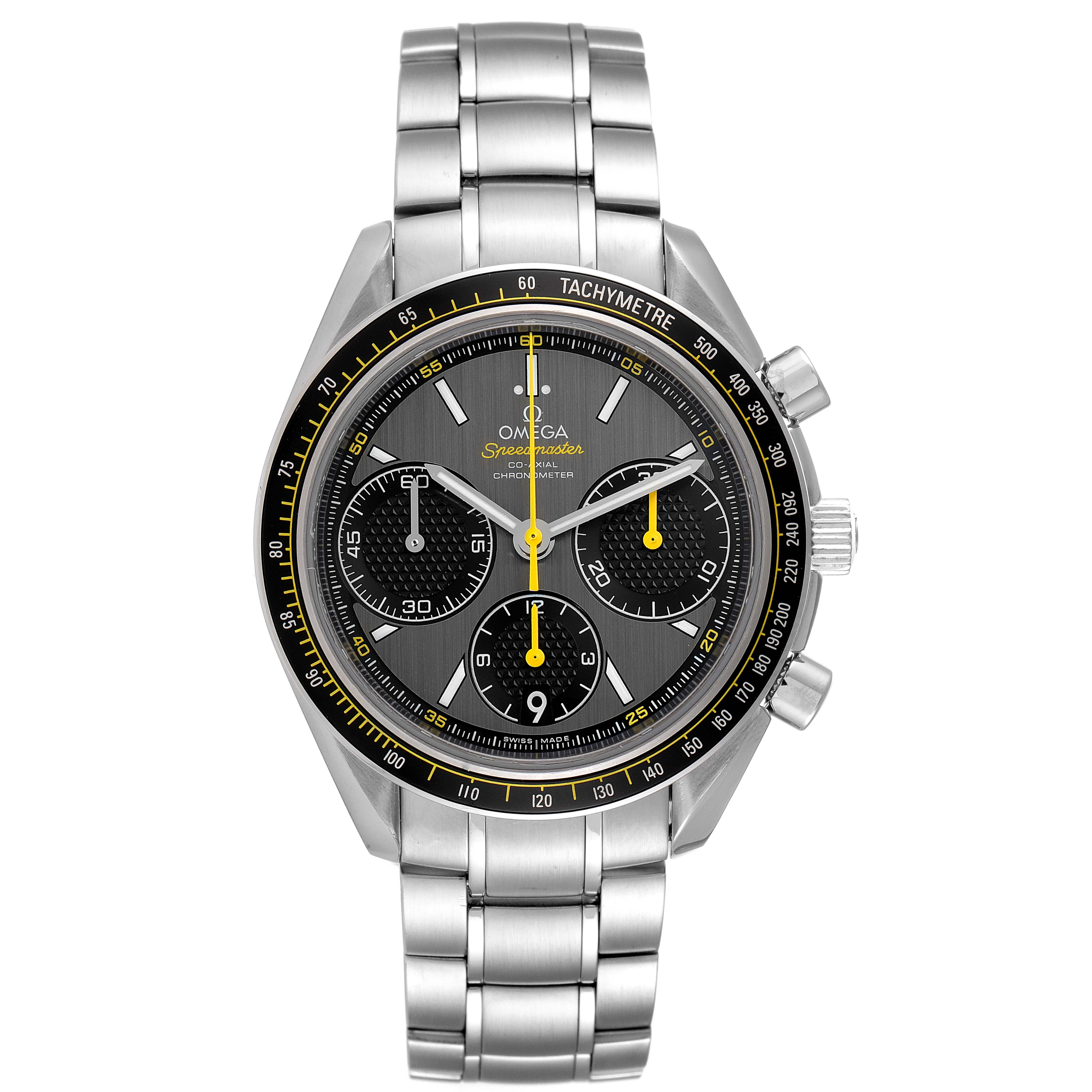 The image shows a front view of the Omega Speedmaster 326.30.40.50.06.001 Men's Stainless Steel Grey Dial 326.30.40.50.06.001 Men's Stainless Steel Grey Dial watch, highlighting its dial, bezel, and stainless steel bracelet.