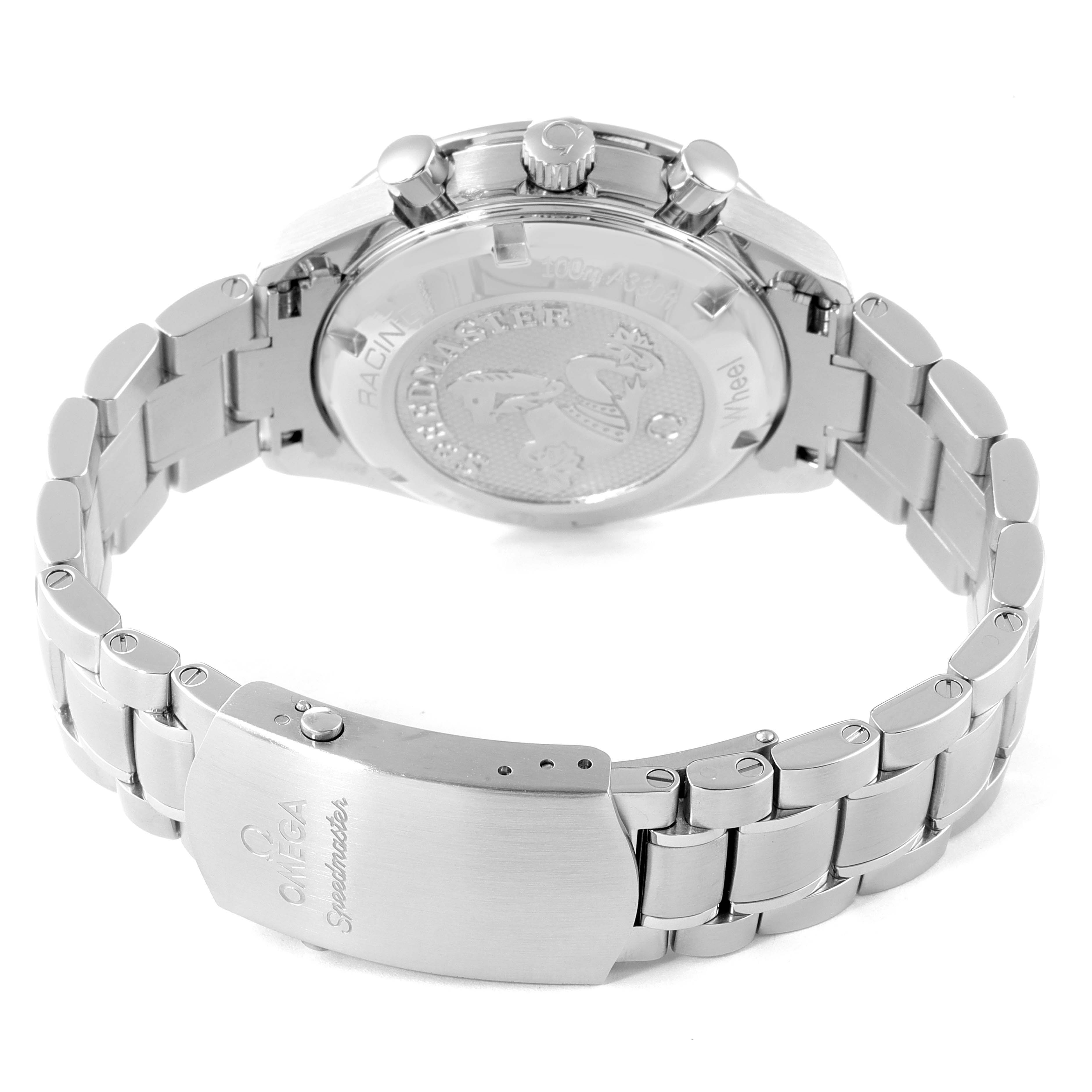 The image shows the back view of an Omega Speedmaster 326.30.40.50.06.001 Men's Stainless Steel Grey Dial 326.30.40.50.06.001 Men's Stainless Steel Grey Dial watch highlighting the case back, pushers, crown, and bracelet clasp.