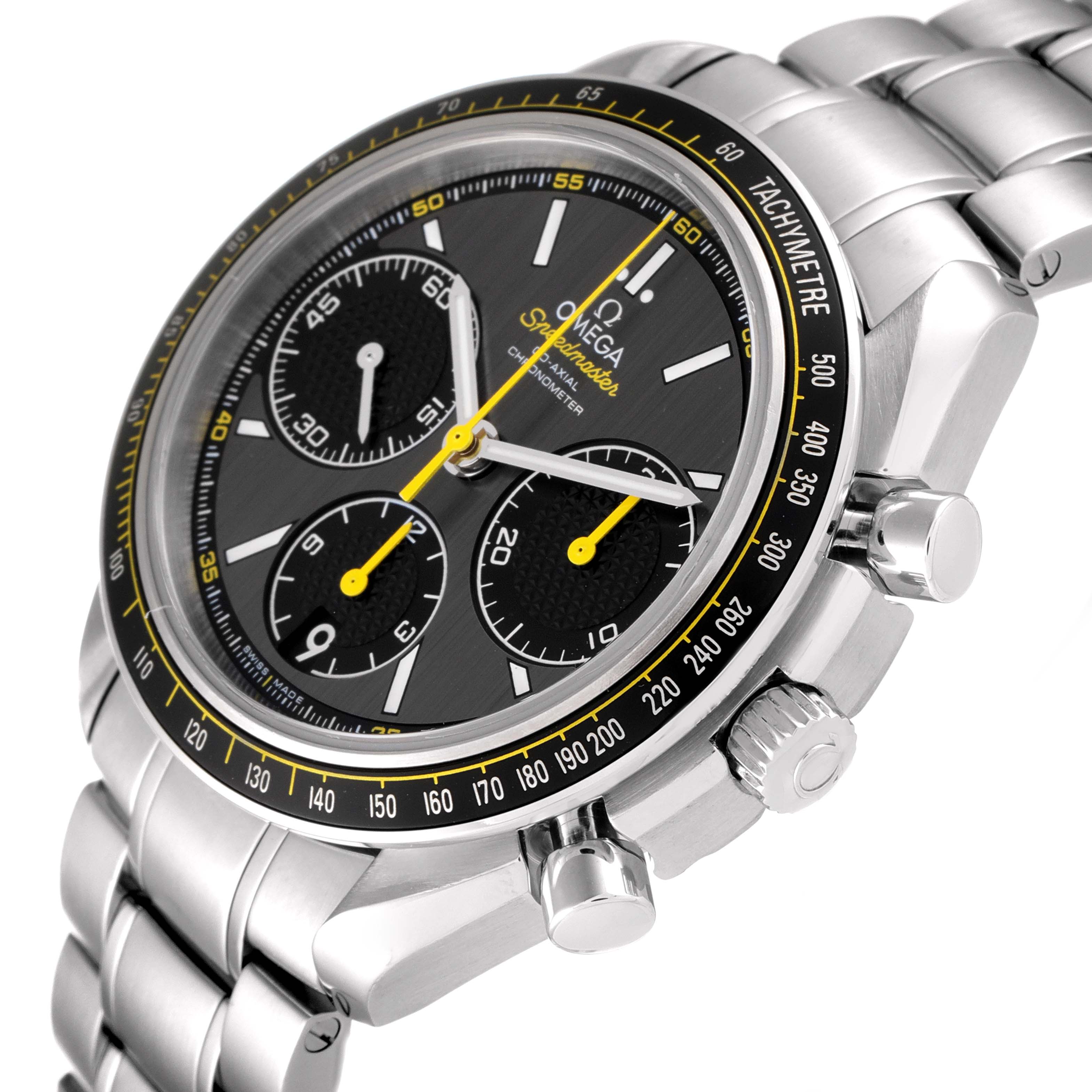 This angled close-up of the Omega Speedmaster 326.30.40.50.06.001 Men's Stainless Steel Grey Dial 326.30.40.50.06.001 Men's Stainless Steel Grey Dial chronograph showcases its face, tachymeter bezel, and stainless steel bracelet.