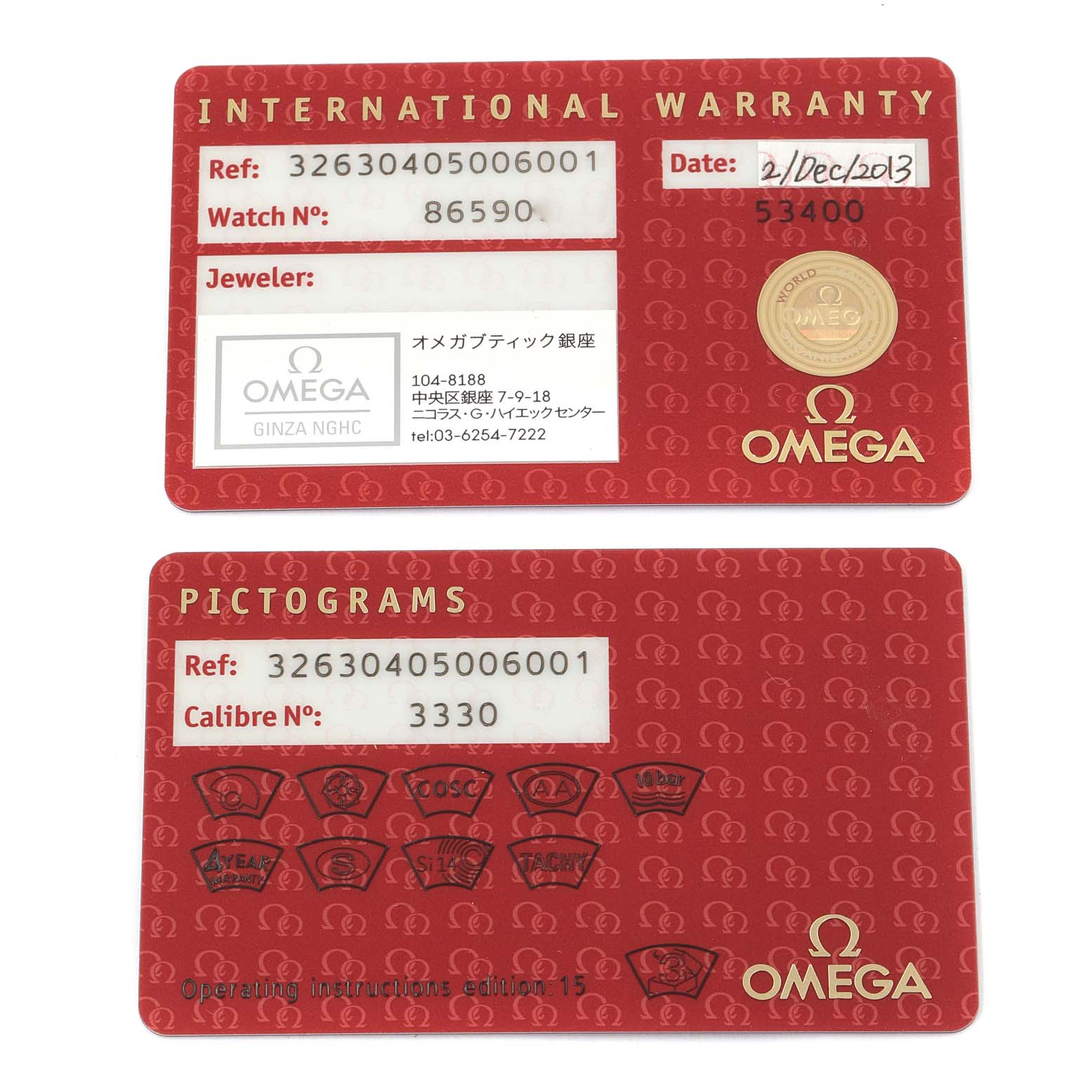 The image shows two Omega Speedmaster 326.30.40.50.06.001 Men's Stainless Steel Grey Dial 326.30.40.50.06.001 Men's Stainless Steel Grey Dial watch cards: International Warranty and Pictograms, displaying reference, watch, and calibre numbers.