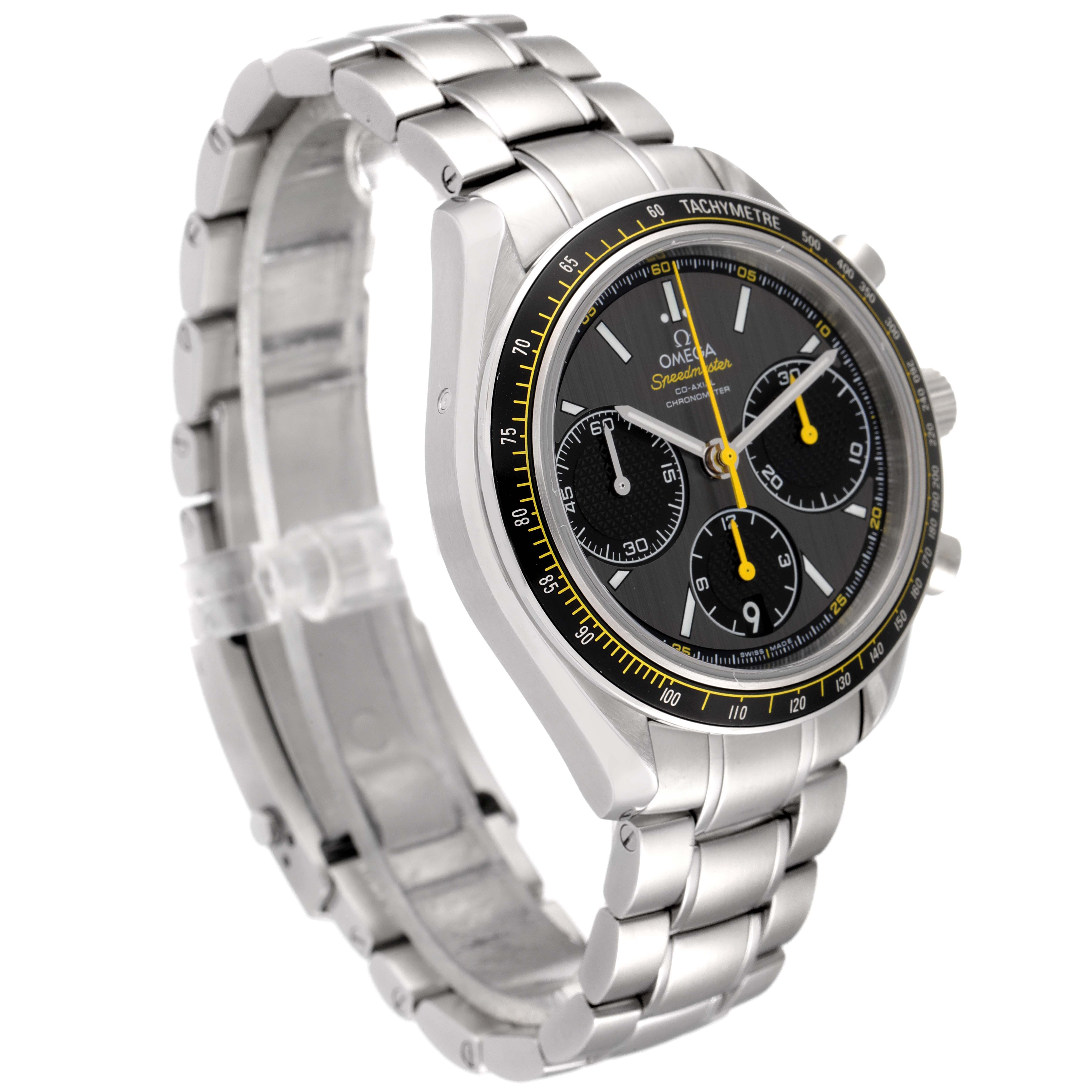 The image shows a side angle of the Omega Speedmaster 326.30.40.50.06.001 Men's Stainless Steel Grey Dial 326.30.40.50.06.001 Men's Stainless Steel Grey Dial watch, highlighting its face, bezel, and metal bracelet.