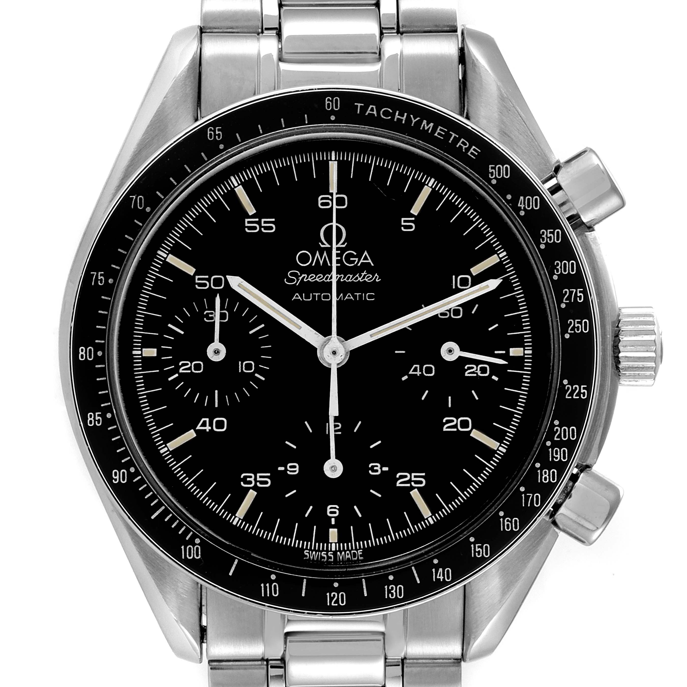 The image displays an Omega Speedmaster 3510.50.00 Men
s Stainless Steel Black Dial 3510.50.00 Men
s Stainless Steel Black Dial watch from a front angle, showcasing its black dial, tachymeter bezel, and stainless steel bracelet.