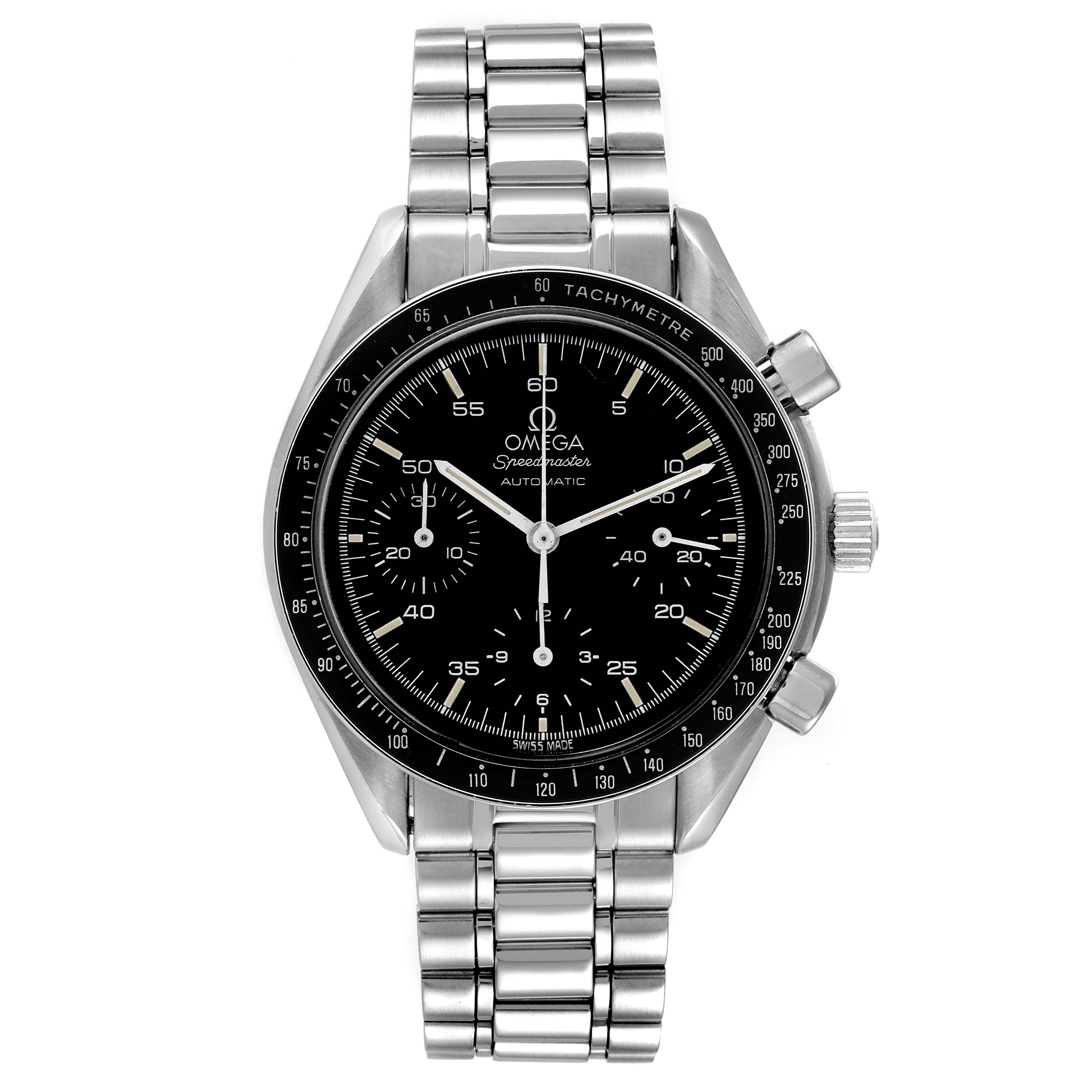 The image shows a frontal view of an Omega Speedmaster 3510.50.00 Men
s Stainless Steel Black Dial 3510.50.00 Men
s Stainless Steel Black Dial, highlighting its black dial, stainless steel bracelet, and tachymeter bezel.