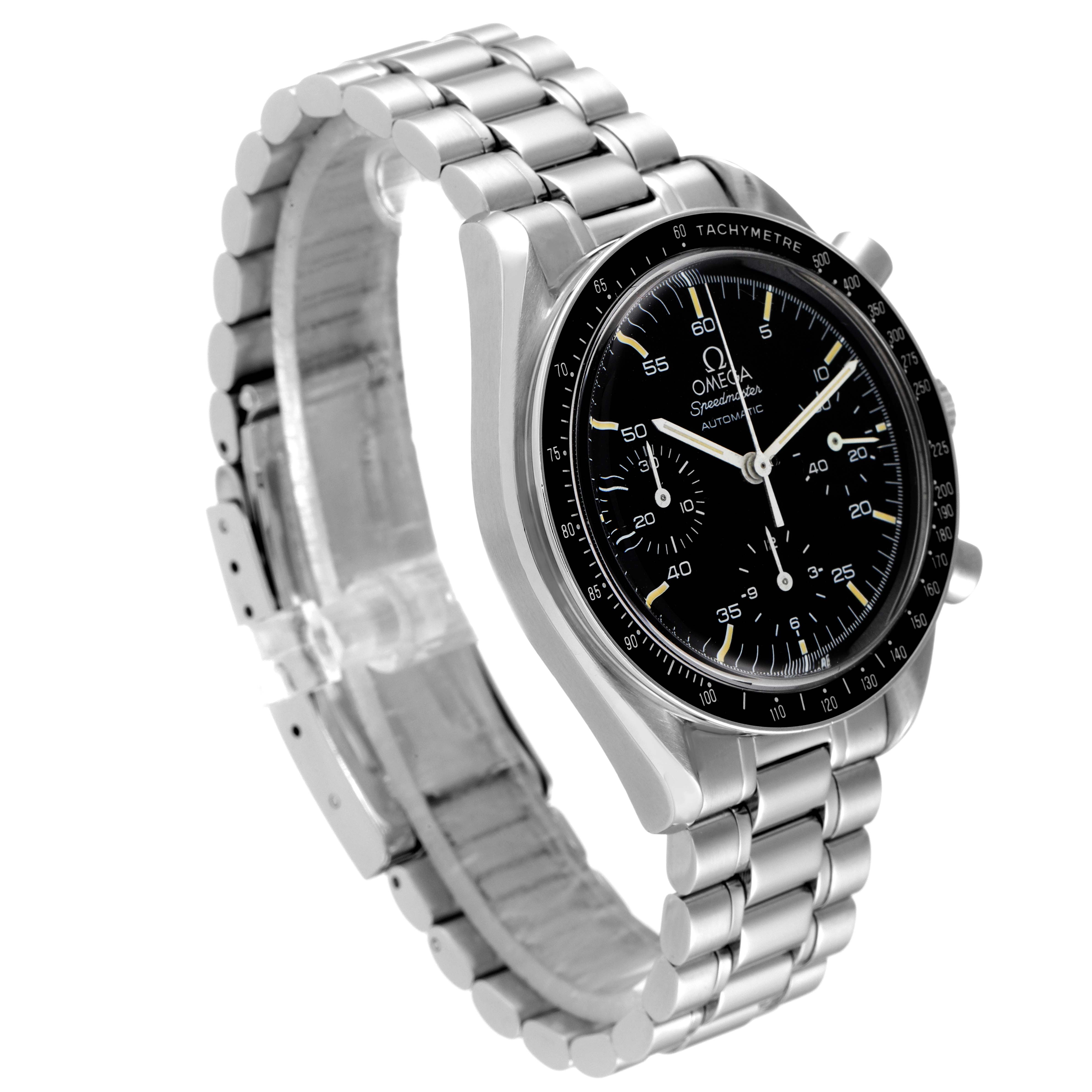 The image shows an Omega Speedmaster 3510.50.00 Men
s Stainless Steel Black Dial 3510.50.00 Men
s Stainless Steel Black Dial watch at a three-quarter angle, highlighting the dial, bezel, and metal bracelet.