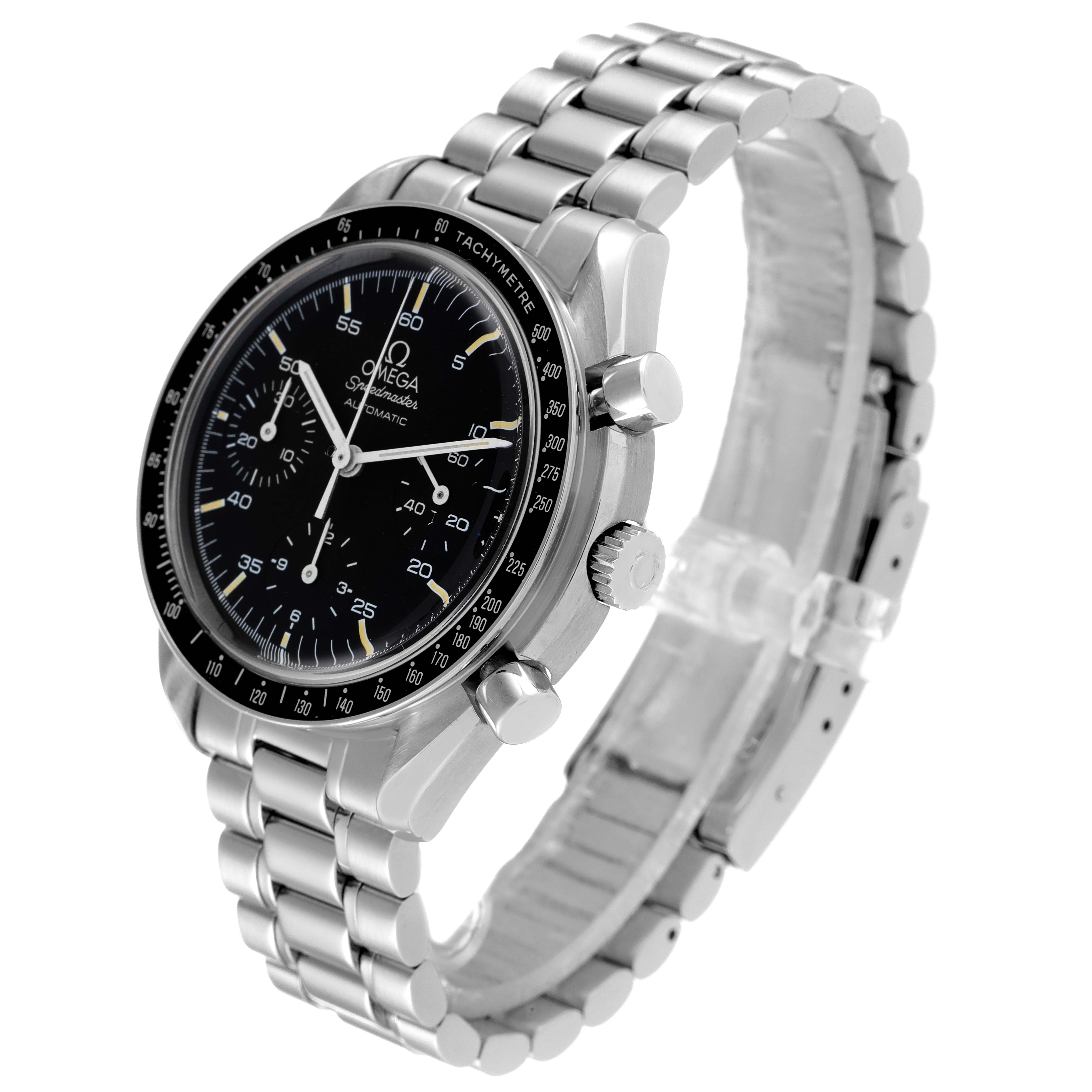 The image shows an Omega Speedmaster 3510.50.00 Men
s Stainless Steel Black Dial 3510.50.00 Men
s Stainless Steel Black Dial wristwatch angled from the front-right, highlighting its face, bezel, crown, and bracelet.