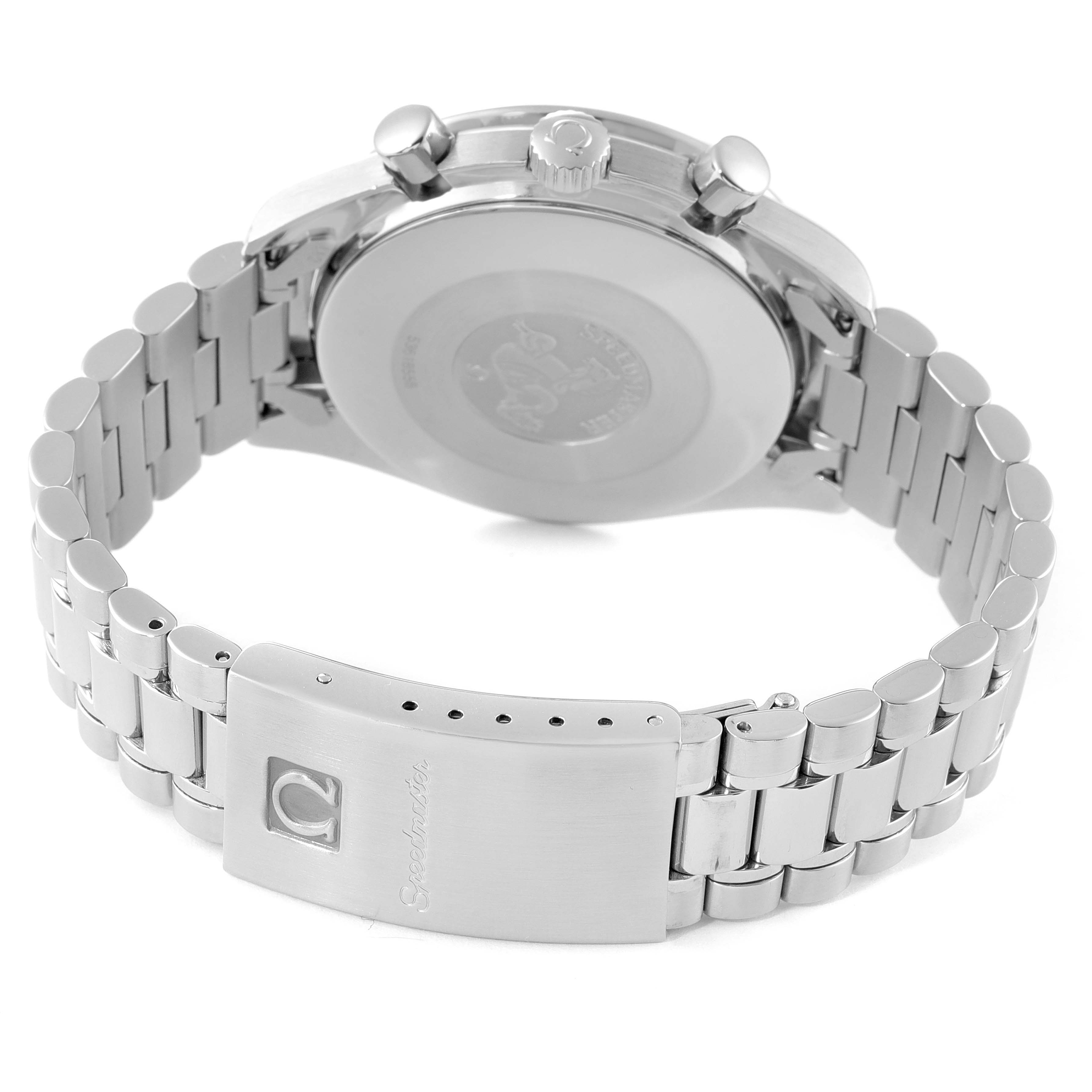 This image shows the back and clasp of the Omega Speedmaster 3510.50.00 Men
s Stainless Steel Black Dial 3510.50.00 Men
s Stainless Steel Black Dial watch, highlighting the stainless steel bracelet and engravings.