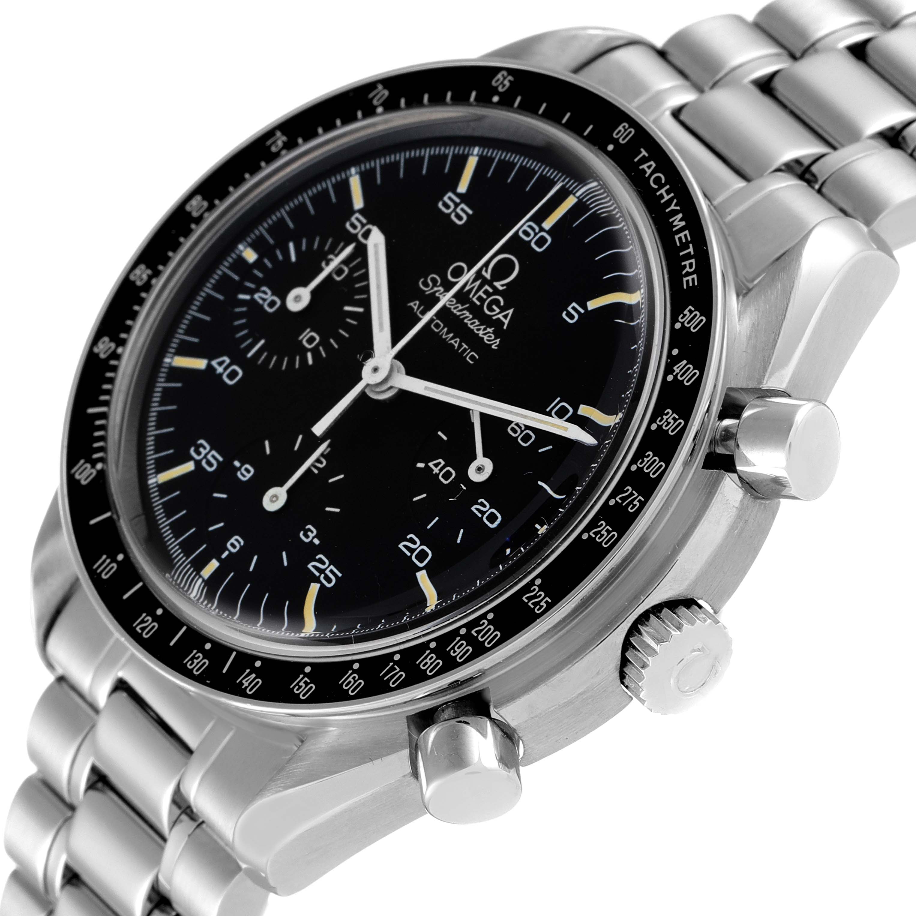 The image shows an angled view of the Omega Speedmaster 3510.50.00 Men
s Stainless Steel Black Dial 3510.50.00 Men
s Stainless Steel Black Dial watch, highlighting the dial, bezel, crown, and part of the bracelet.