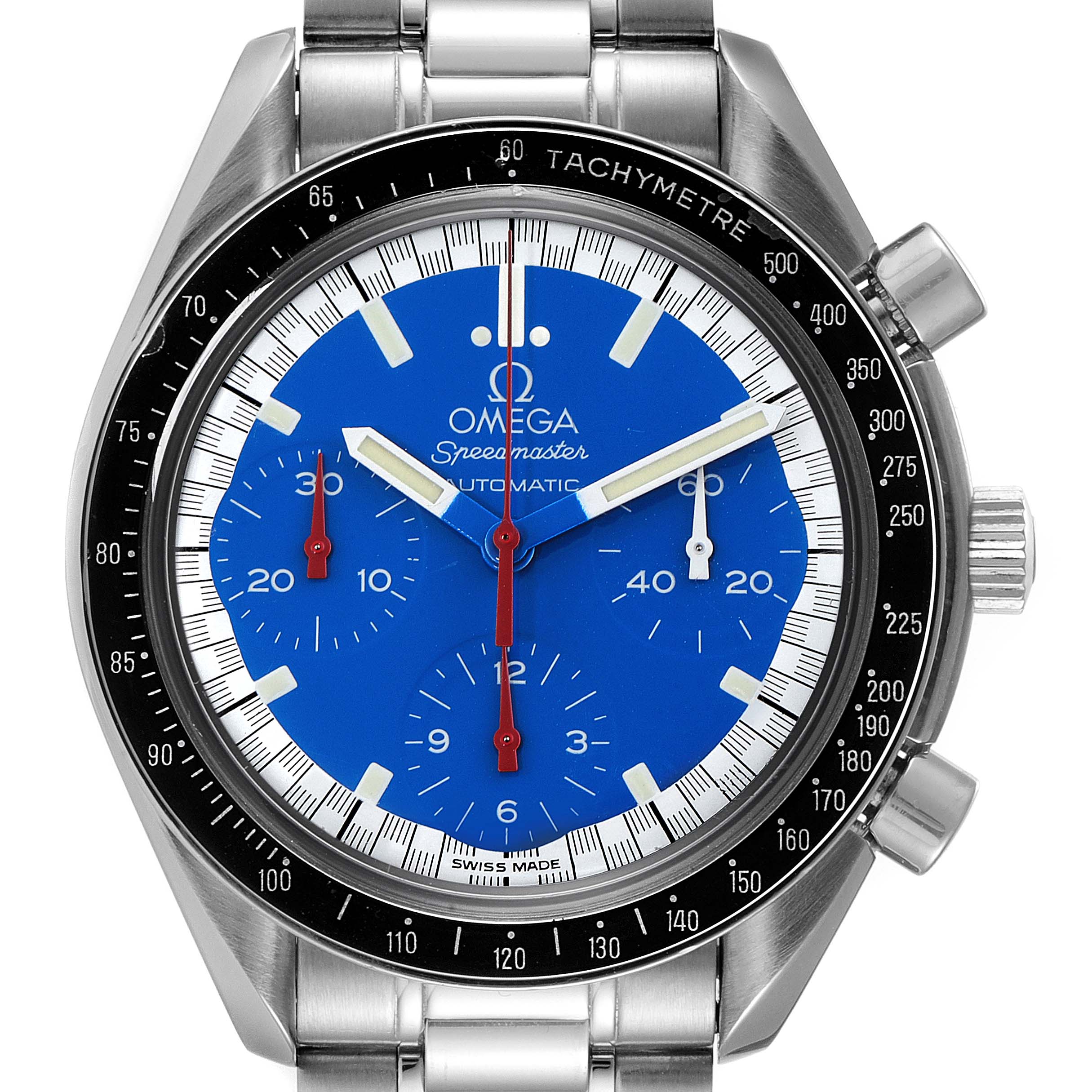 The image shows a frontal view of an Omega Speedmaster 3510.80.00 Men
s Stainless Steel Blue Dial 3510.80.00 Men
s Stainless Steel Blue Dial watch with a blue dial, tachymeter bezel, and stainless steel bracelet.