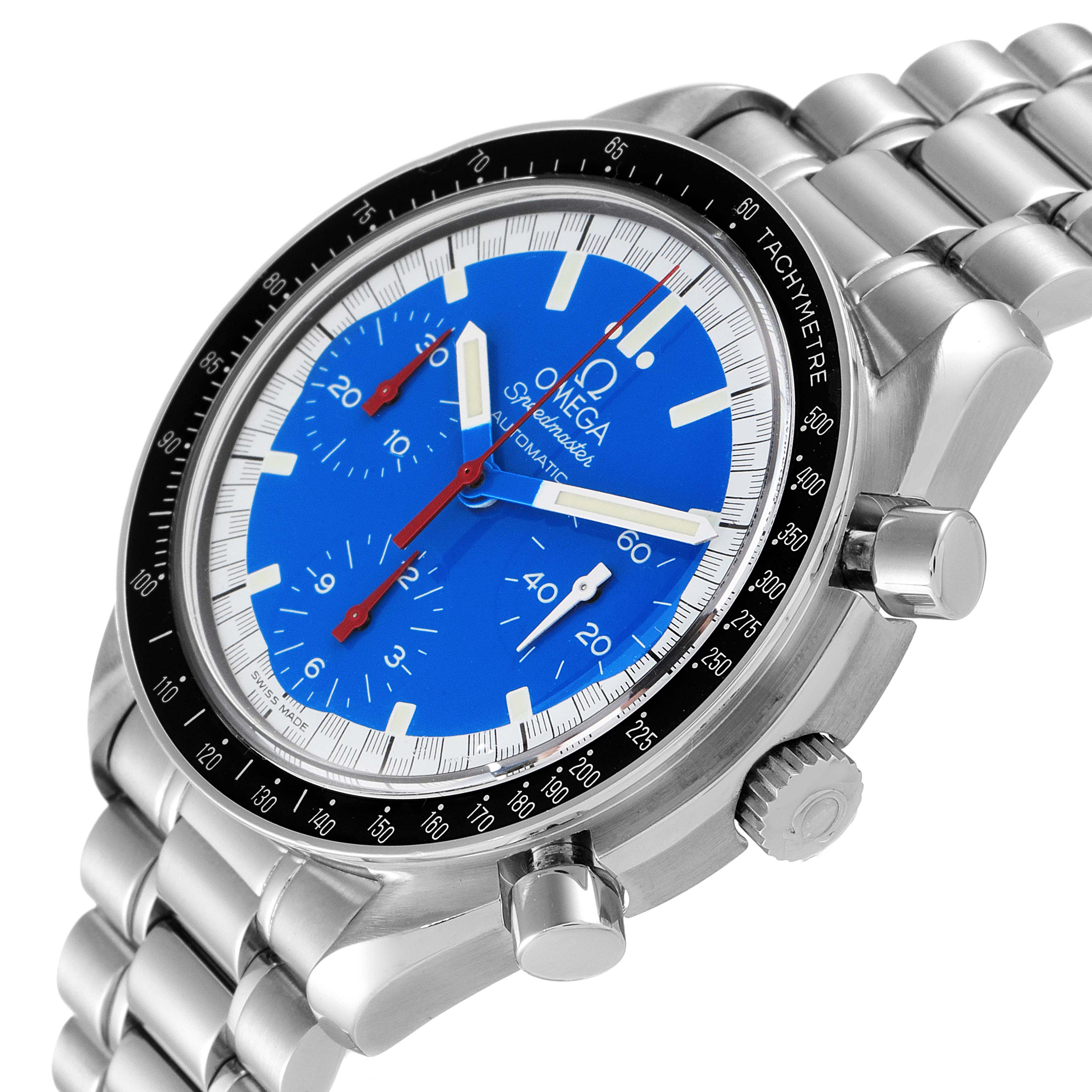 The image shows a side angle of the Omega Speedmaster 3510.80.00 Men
s Stainless Steel Blue Dial 3510.80.00 Men
s Stainless Steel Blue Dial watch, highlighting its bezel, dial, crown, pushers, and bracelet.