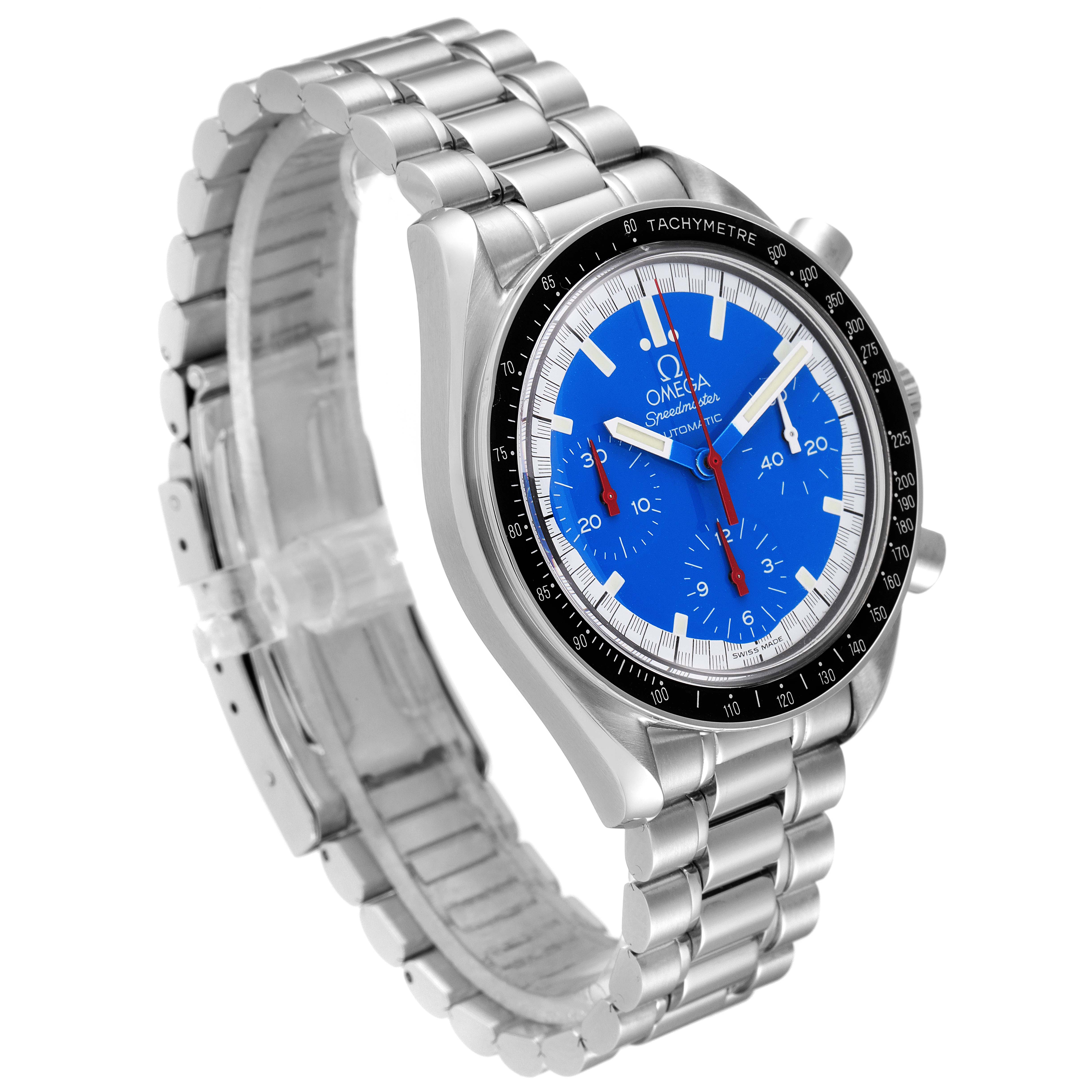 The image shows a side-angle view of an Omega Speedmaster 3510.80.00 Men
s Stainless Steel Blue Dial 3510.80.00 Men
s Stainless Steel Blue Dial watch, highlighting its stainless steel bracelet and blue dial.