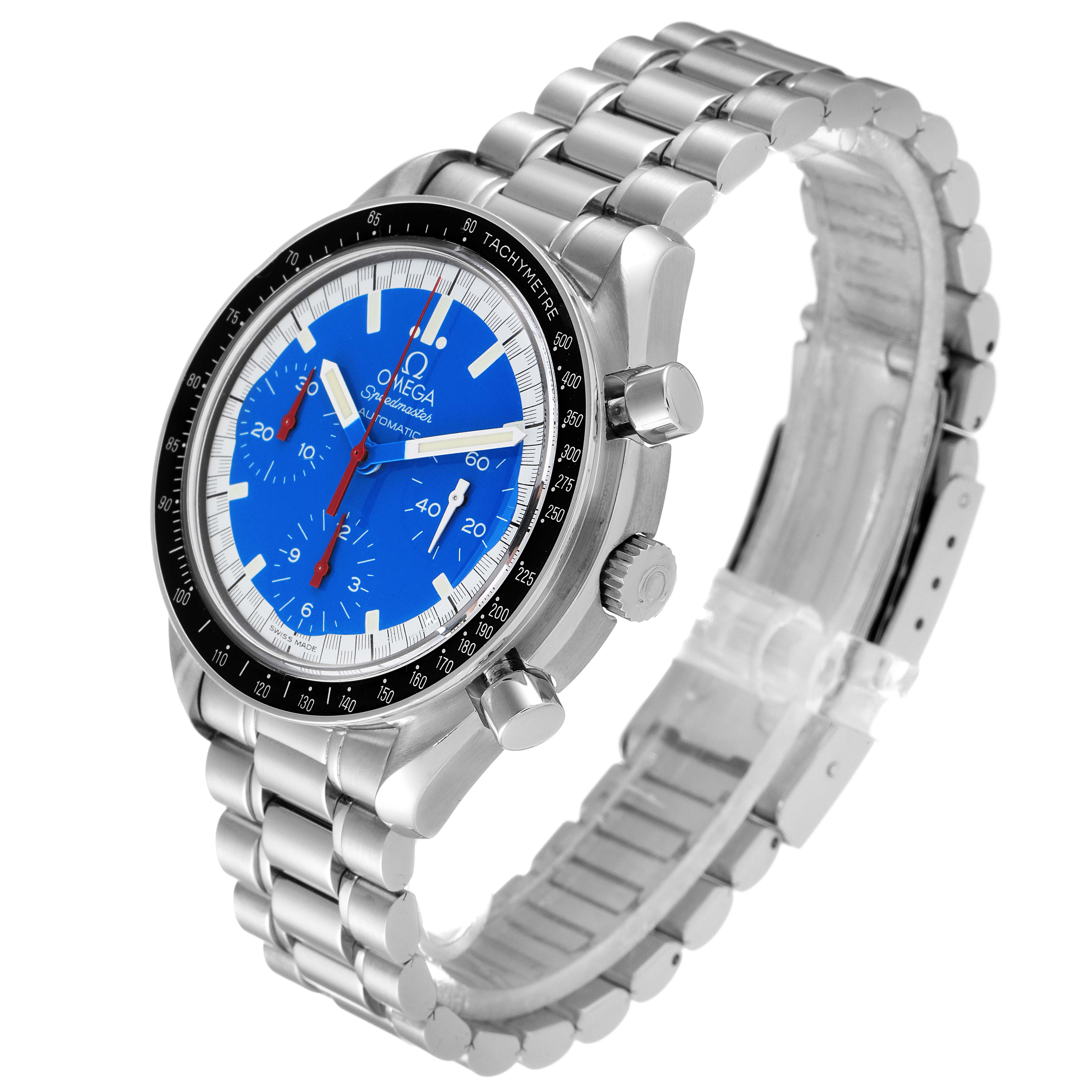 The Omega Speedmaster 3510.80.00 Men
s Stainless Steel Blue Dial 3510.80.00 Men
s Stainless Steel Blue Dial watch is angled to show its face, side buttons, crown, and a linked metal band.