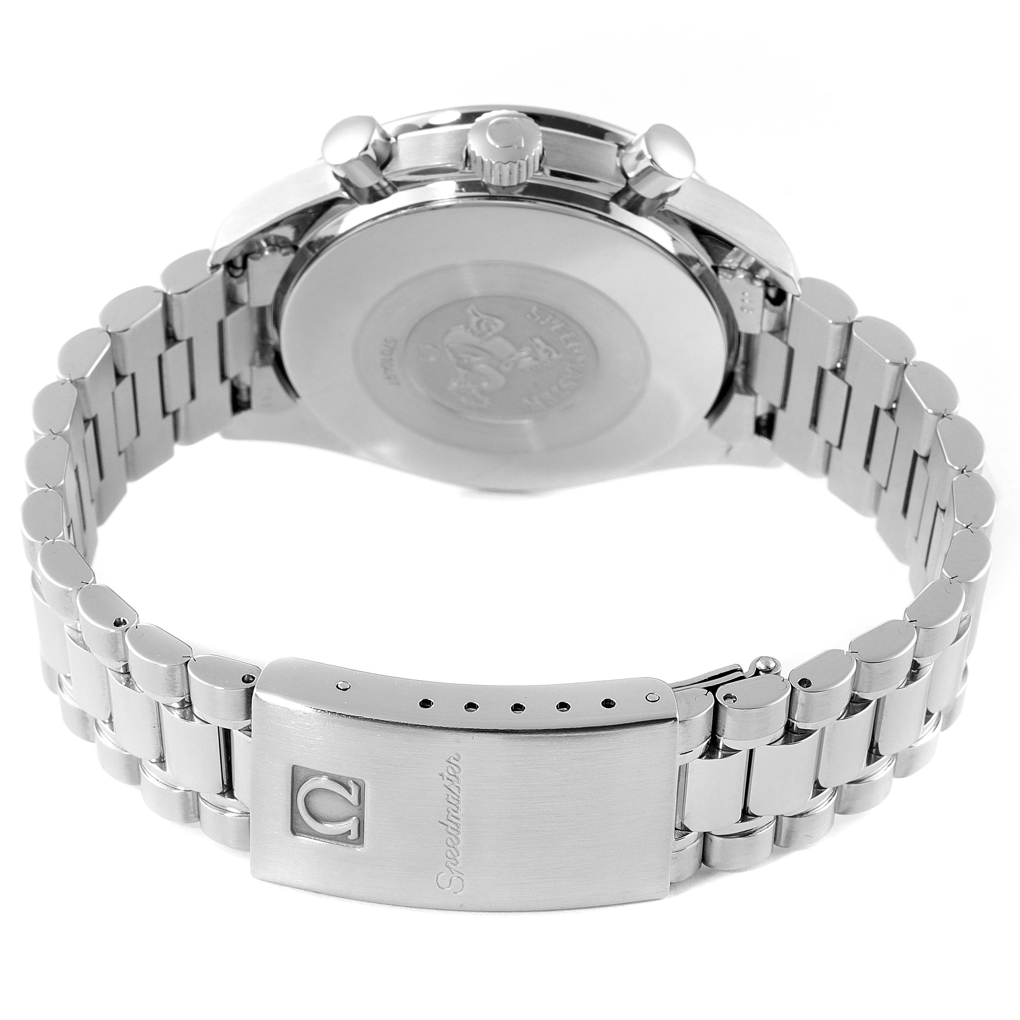 The image shows the back view of an Omega Speedmaster 3510.80.00 Men
s Stainless Steel Blue Dial 3510.80.00 Men
s Stainless Steel Blue Dial, highlighting the case back, crown, pushers, and bracelet clasp.