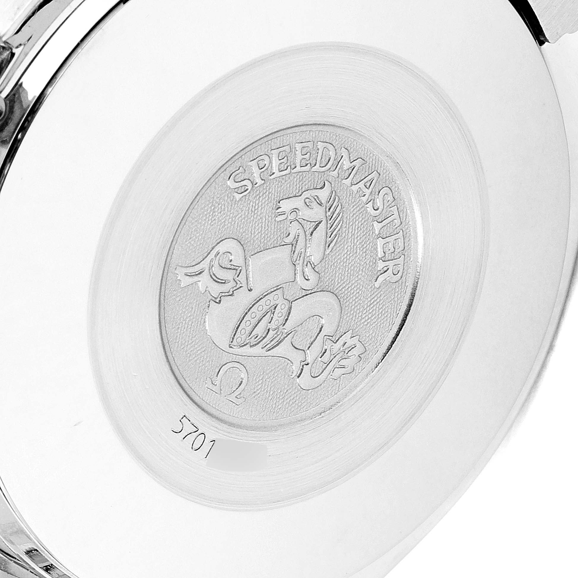 The image shows the case back of an Omega Speedmaster 3510.80.00 Men
s Stainless Steel Blue Dial 3510.80.00 Men
s Stainless Steel Blue Dial watch, featuring the engraved logo and model name.