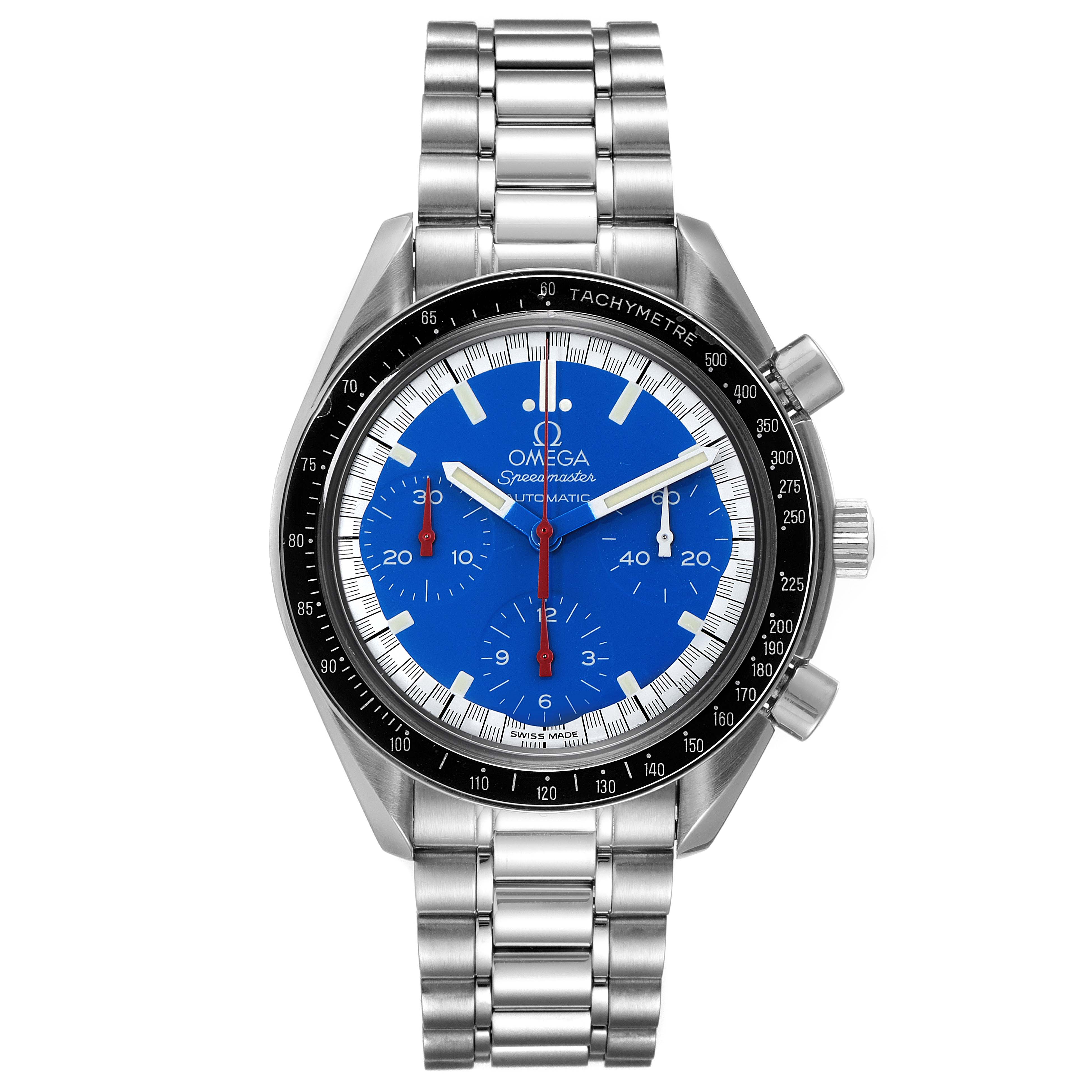 The image shows a front view of an Omega Speedmaster 3510.80.00 Men
s Stainless Steel Blue Dial 3510.80.00 Men
s Stainless Steel Blue Dial watch with a blue dial and a stainless steel bracelet.