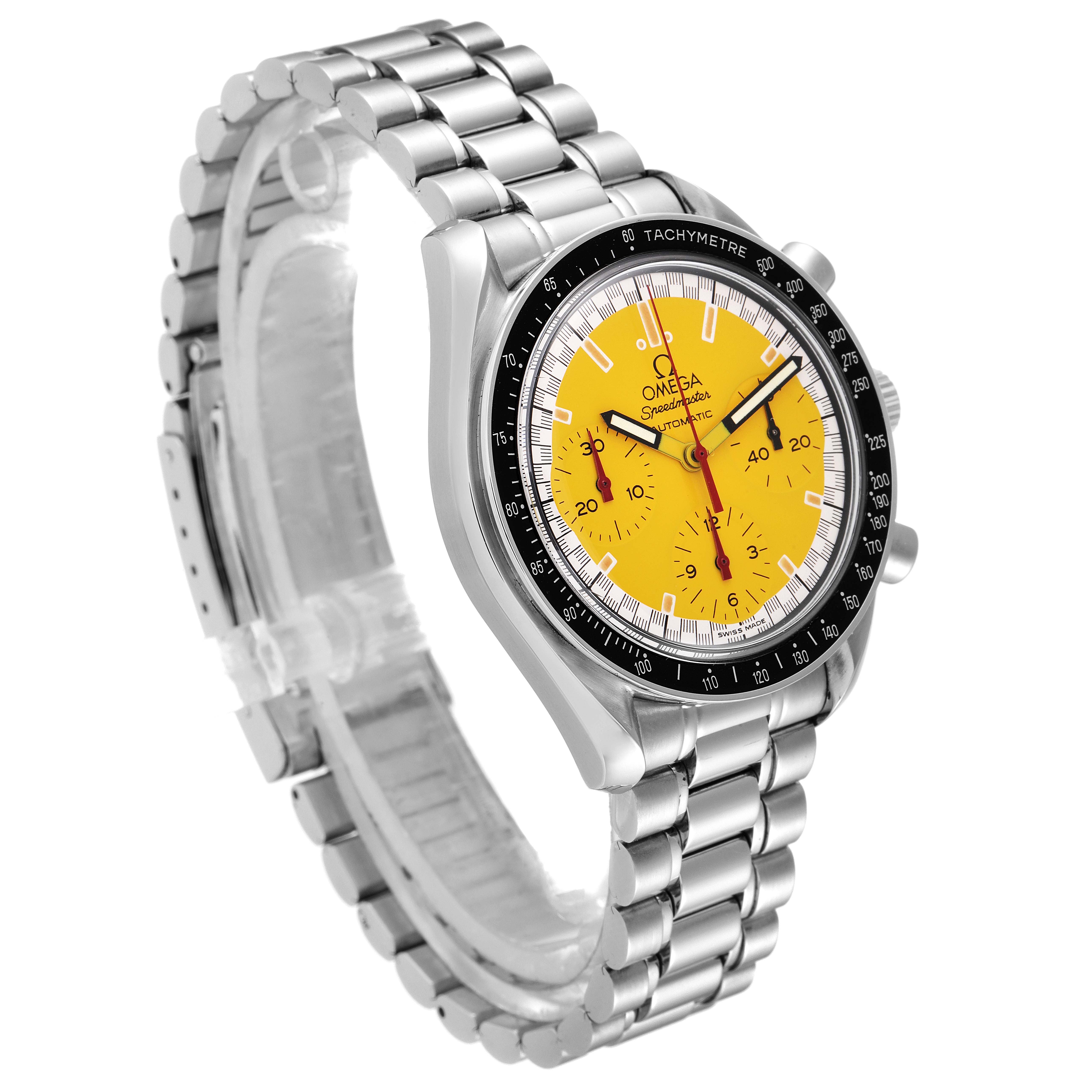 The Omega Speedmaster 3510.12.00 Men's Stainless Steel Yellow Dial 3510.12.00 Men's Stainless Steel Yellow Dial watch is shown at a three-quarter angle, displaying its yellow dial, bezel, and metal bracelet.