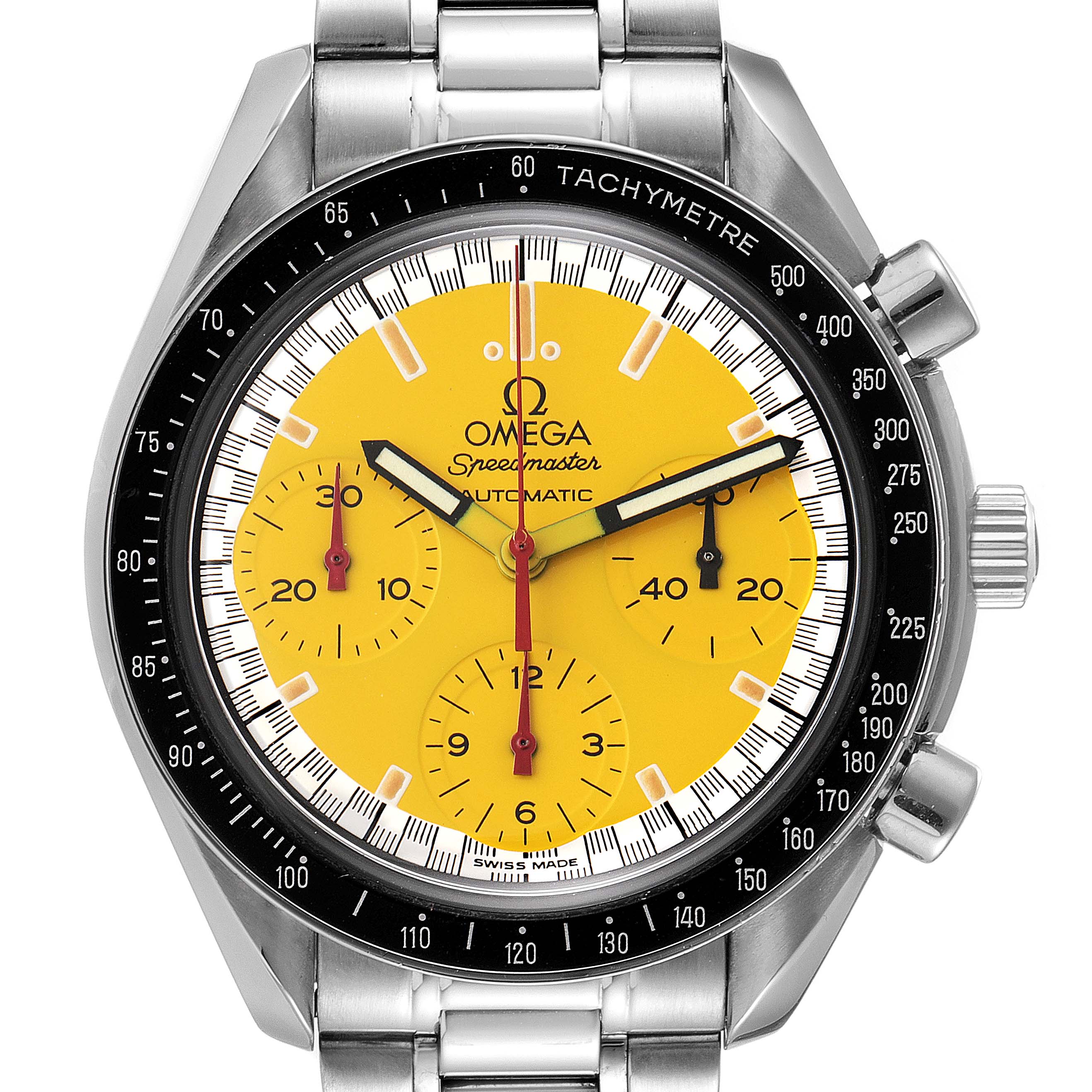 The image shows a front view of the Omega Speedmaster 3510.12.00 Men's Stainless Steel Yellow Dial 3510.12.00 Men's Stainless Steel Yellow Dial watch with a yellow dial and stainless steel bracelet.